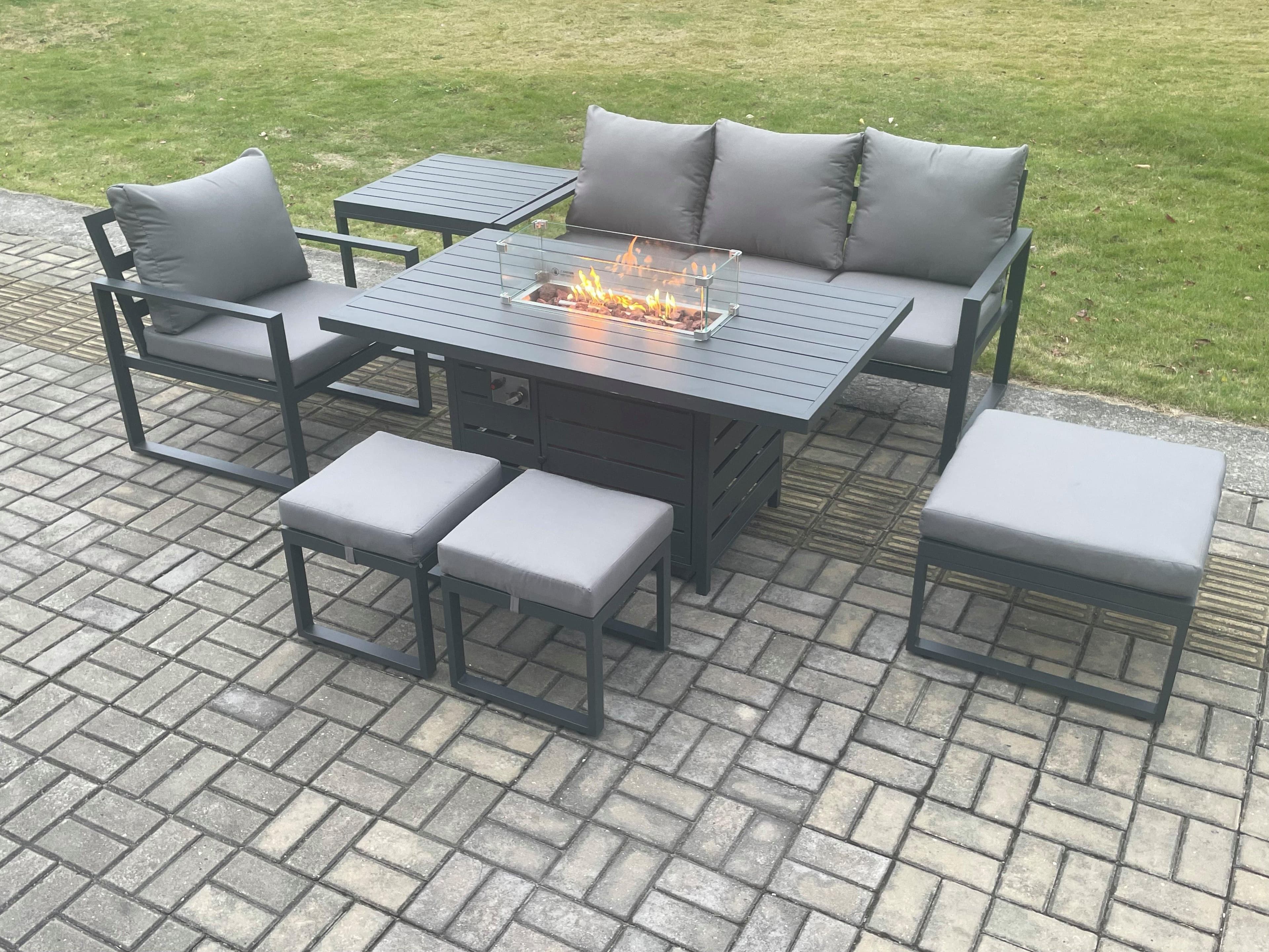 Aluminium 7 Pieces Garden Furniture Sofa Set Cushions Gas Fire Pit Dining Table Set 3 Footstools Side Table Dark Grey