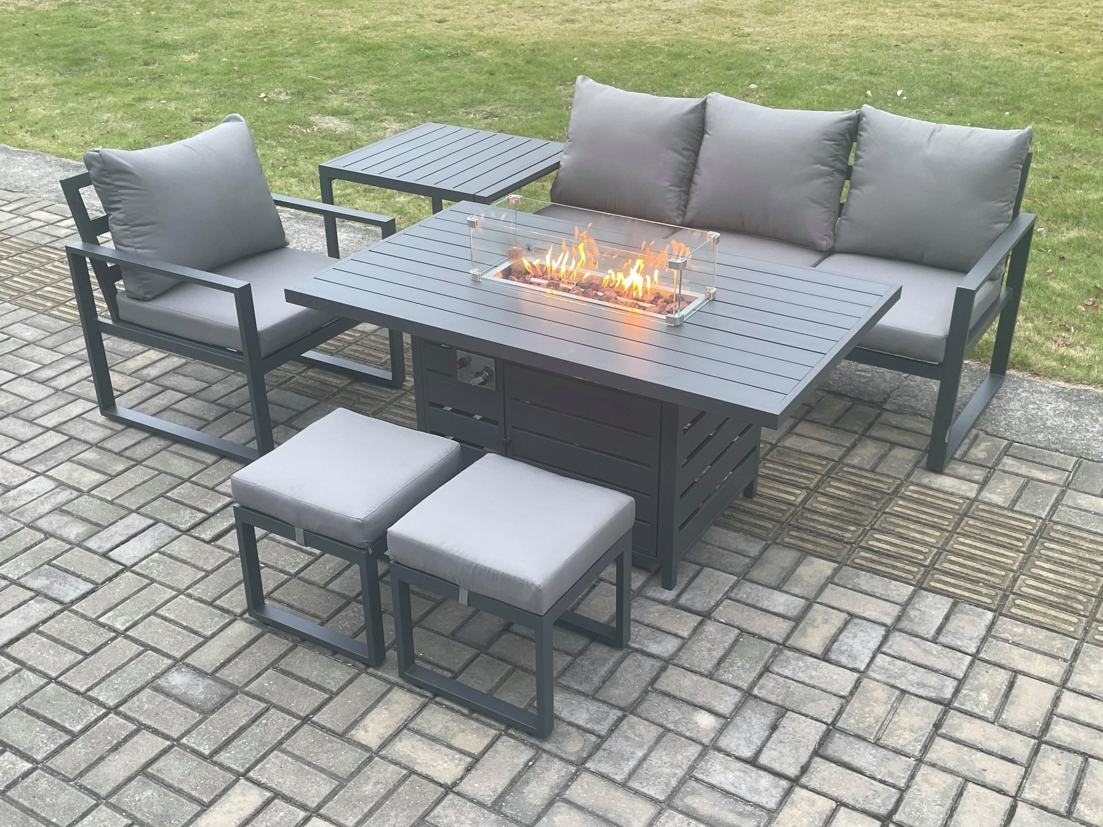 Aluminium 6 Pieces Garden Furniture Sofa Set Cushions Gas Fire Pit Dining Table Set 2 Small Footstools Side Table Dark Grey