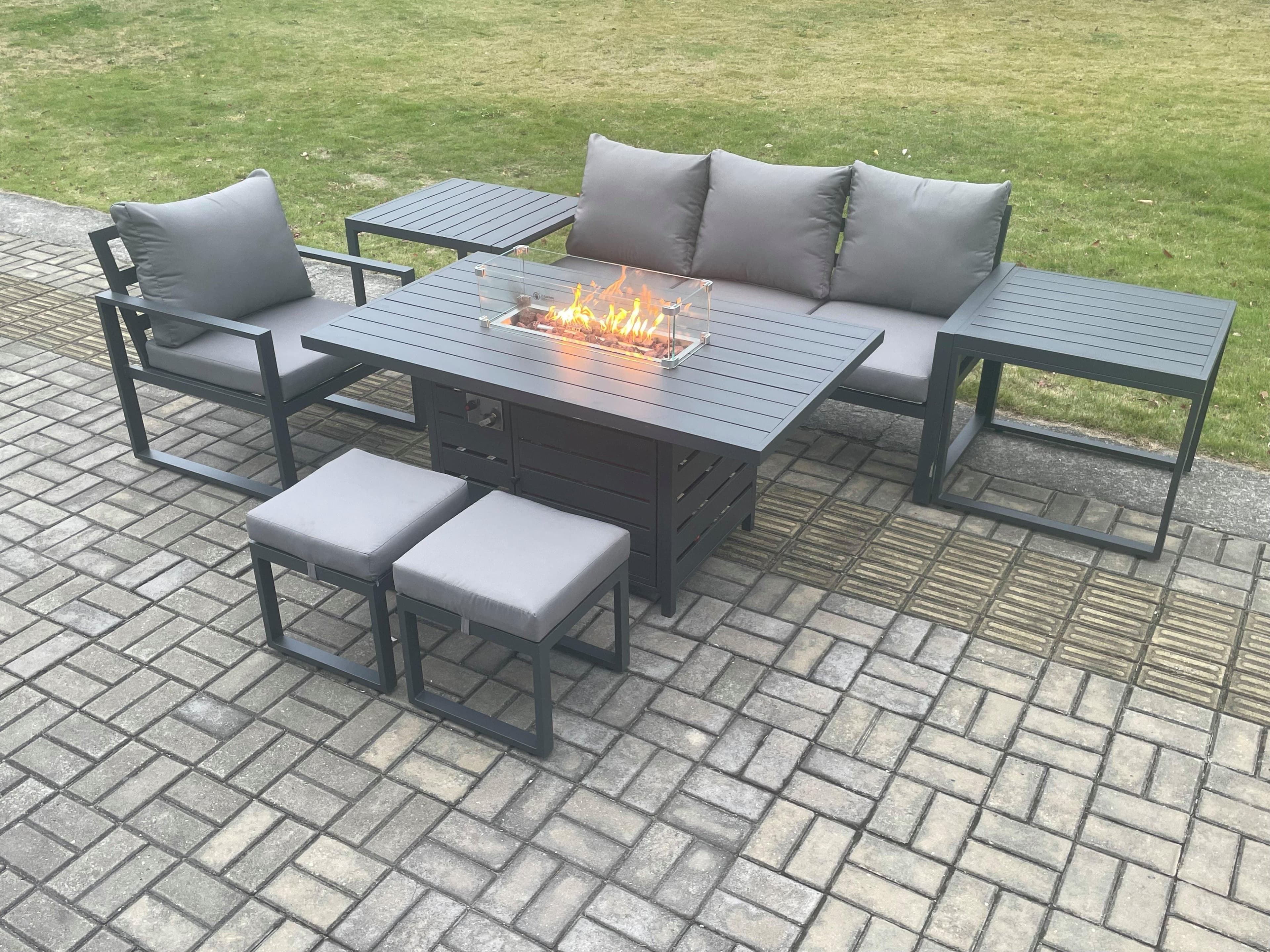 Aluminium 7 Pieces Garden Furniture Sofa Set Cushions Gas Fire Pit Dining Table Set 2 Small Footstools 2 Side Tables Dark Grey