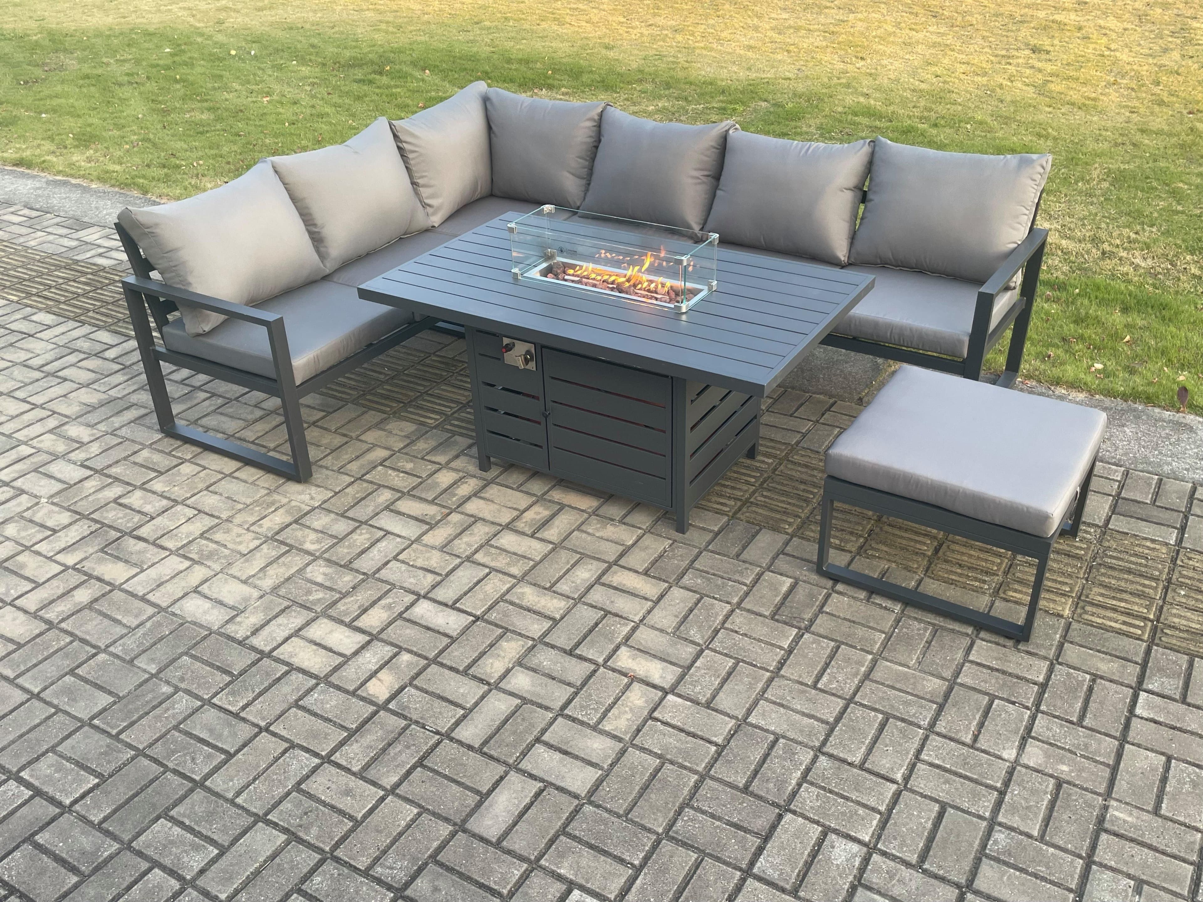 Aluminium Outdoor Garden Furniture Corner Sofa Gas Fire Pit Dining Table Sets Gas Heater Burner Big Footstool Dark Grey 7 Seater