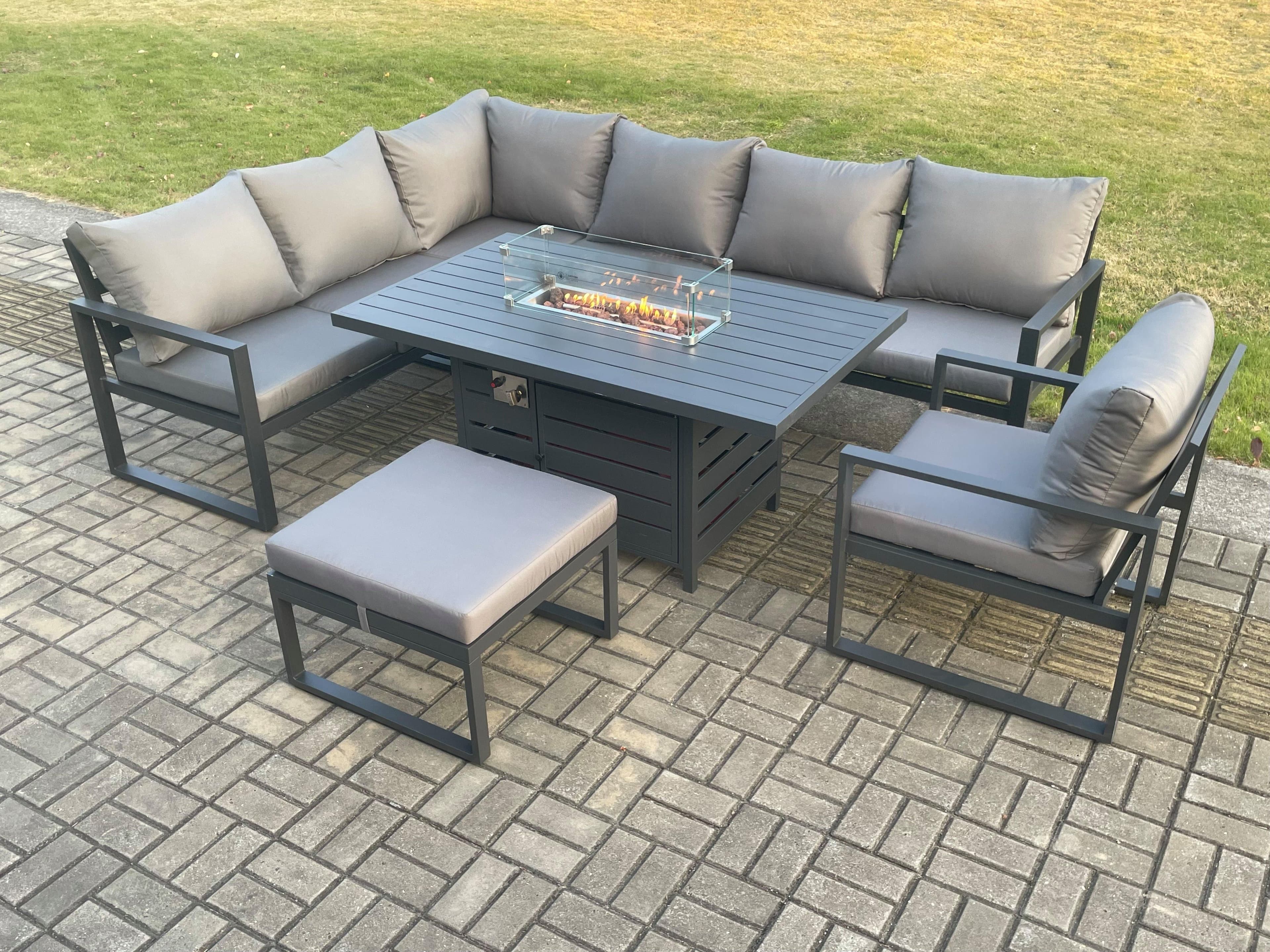 Aluminium Outdoor Garden Furniture Corner Sofa Gas Fire Pit Dining Table Sets Gas Heater Burner Chair Big Footstool 8 Seater