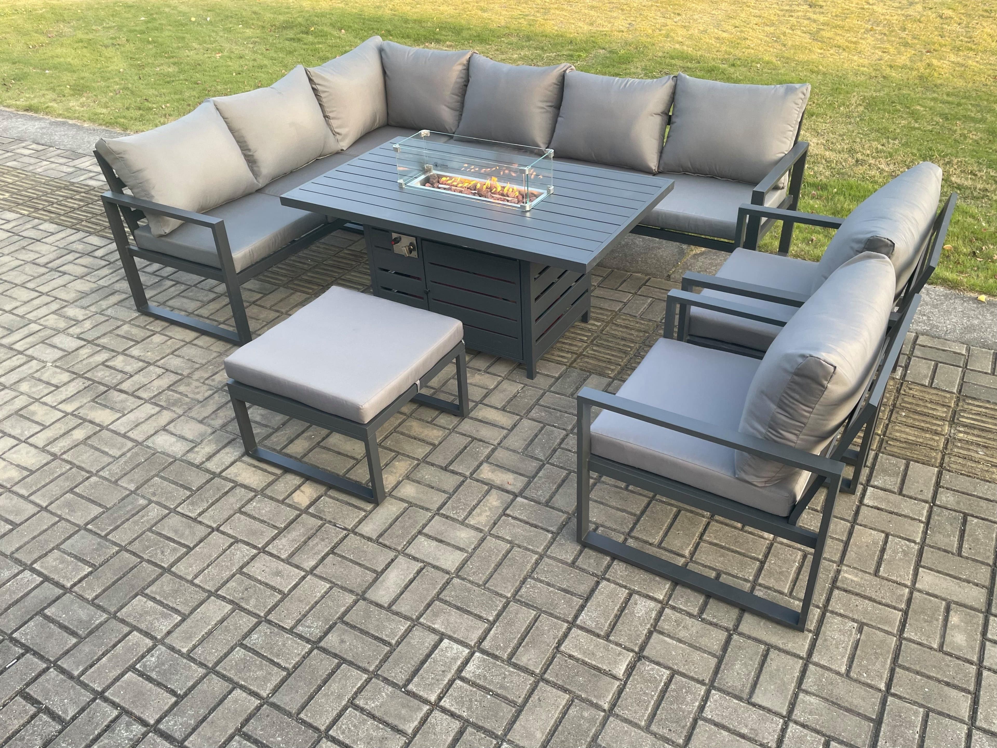 Aluminium Outdoor Garden Furniture Corner Sofa Gas Fire Pit Dining Table Sets Gas Heater Burner 2 Chairs Big Footstool Dark Grey