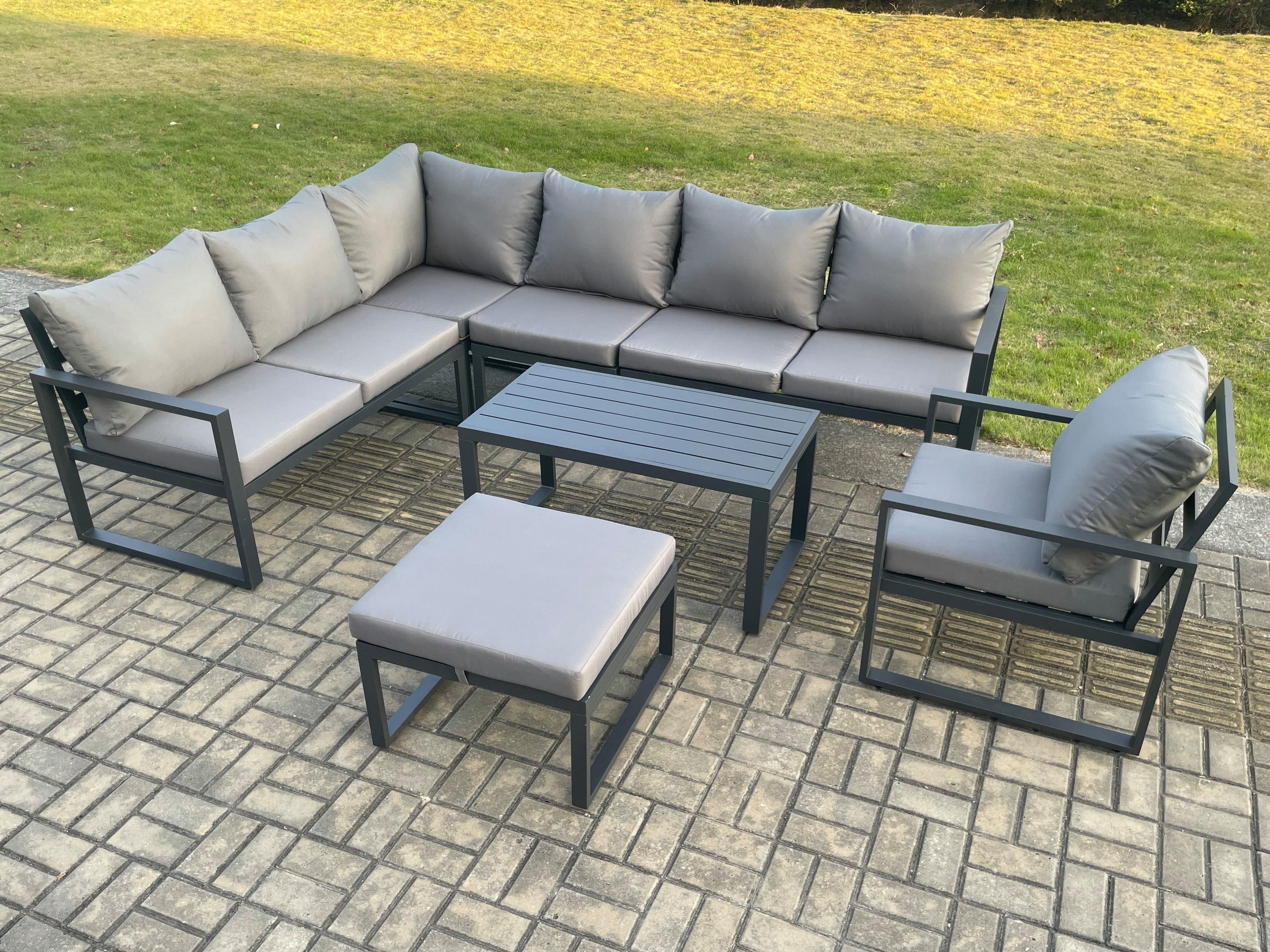 Aluminium Garden Furniture Set Outdoor Indoor Lounge Corner Sofa Chair Oblong Coffee Table Sets Big Footstool Dark Grey