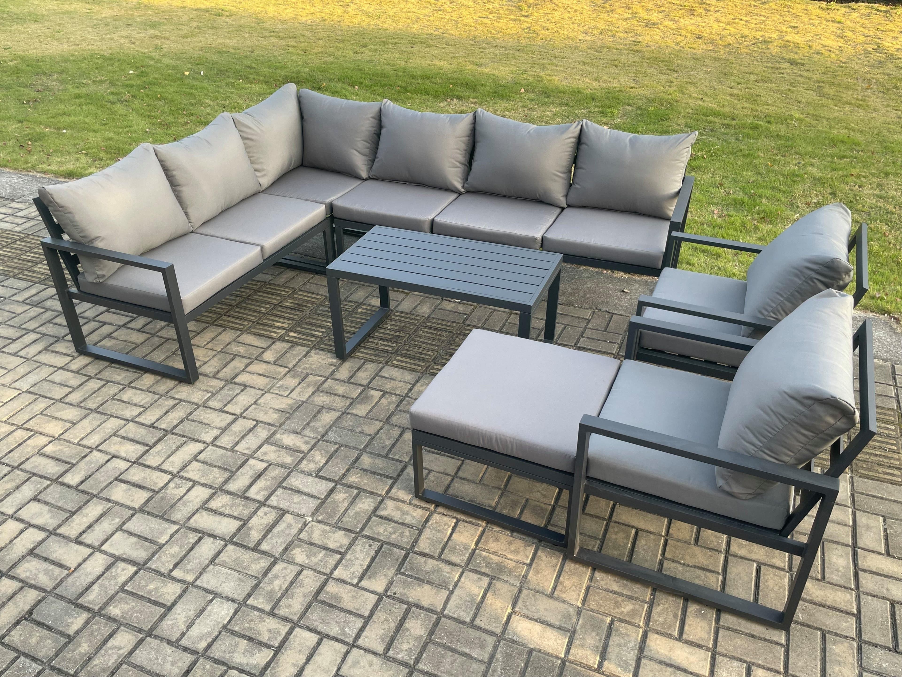 Aluminium Garden Furniture Set Outdoor Indoor Lounge Corner Sofa 2 Pcs Chair Oblong Coffee Table Sets Big Footstool Dark Grey