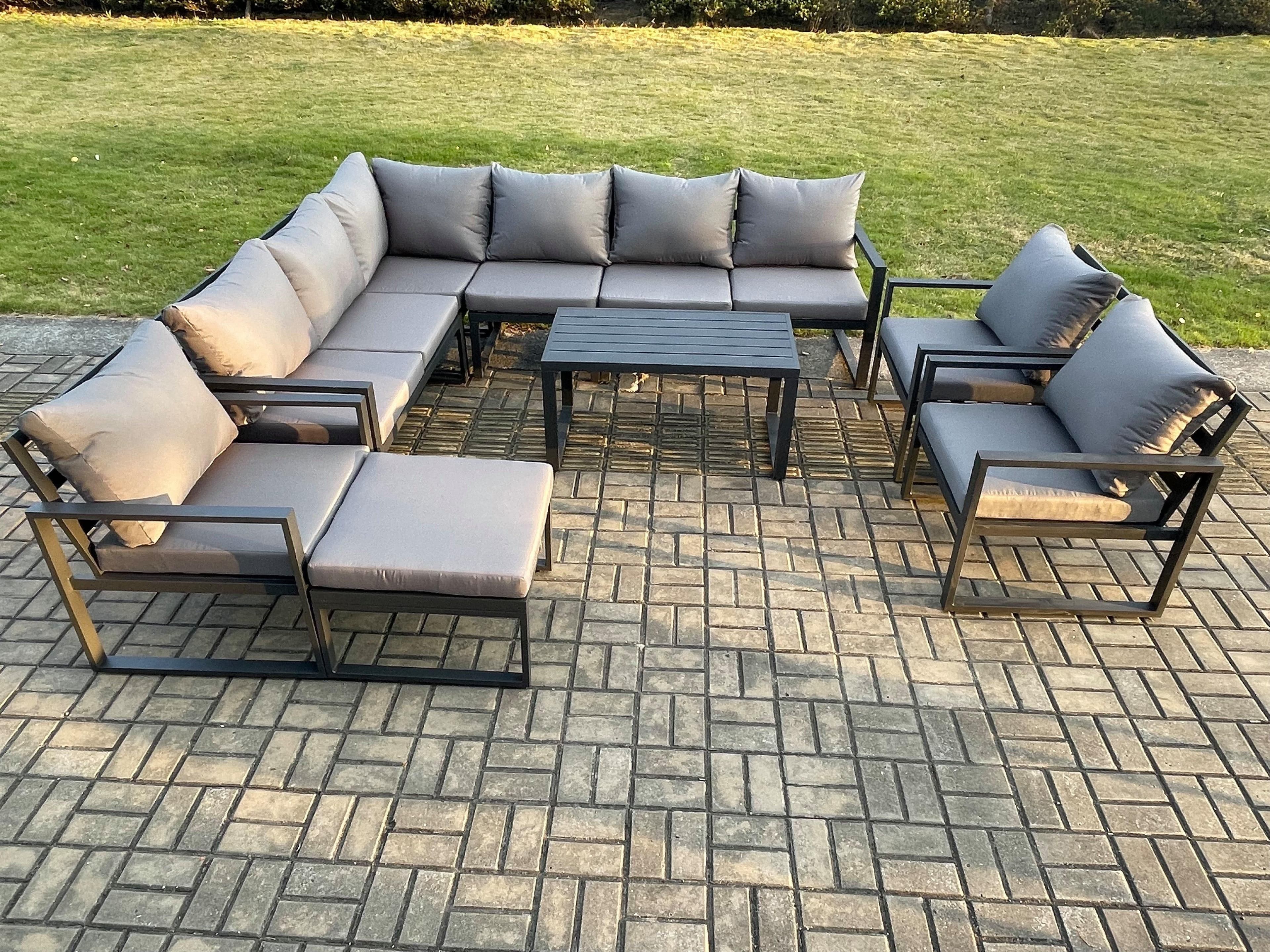 Aluminium Garden Furniture Set Outdoor Indoor Lounge Corner Sofa 3 Pcs Chair Oblong Coffee Table Sets Big Footstool Dark Grey