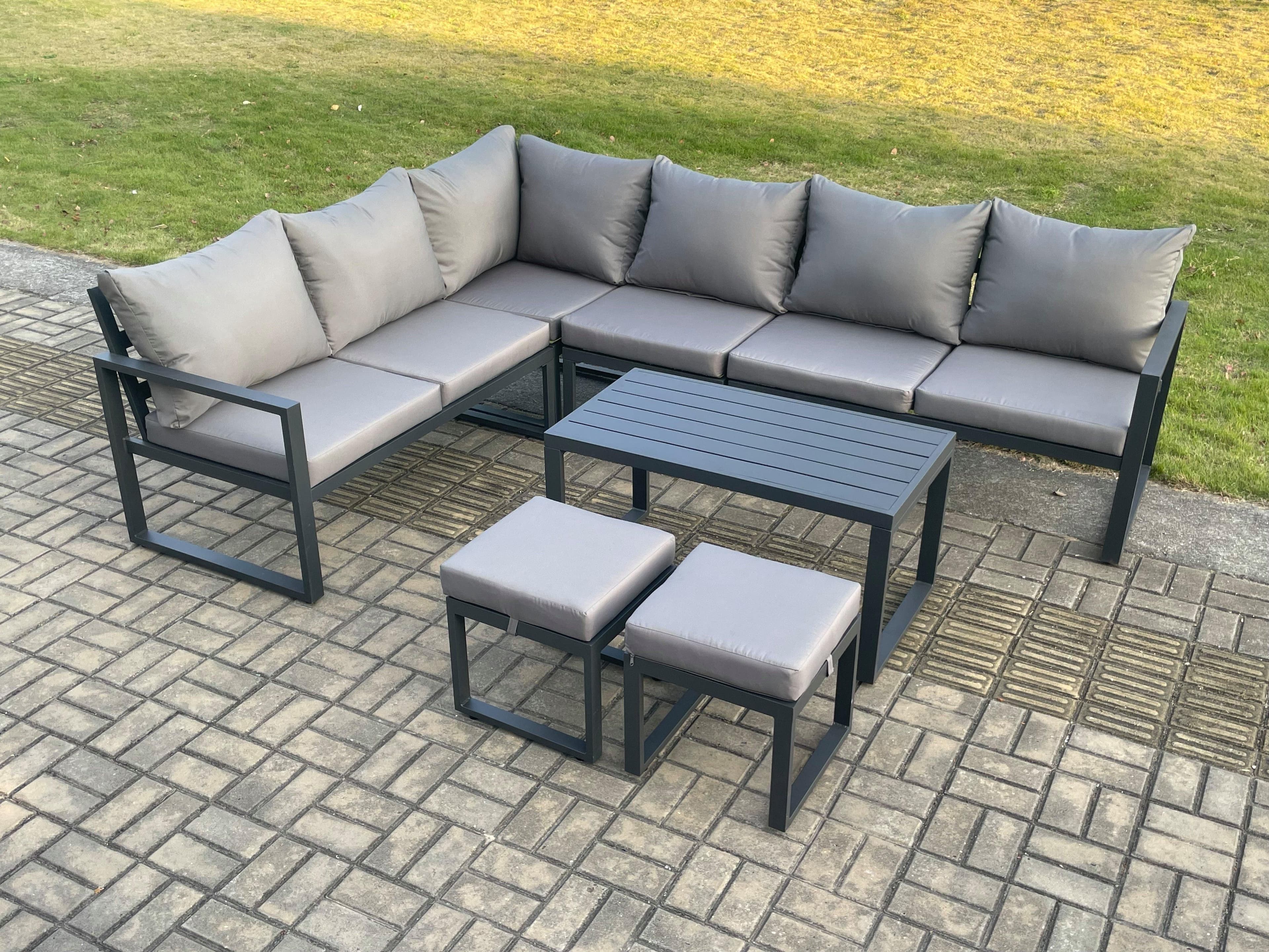 Aluminium Garden Furniture Set Outdoor Indoor Lounge Corner Sofa Oblong Coffee Table Sets 2 Small Footstools Dark Grey