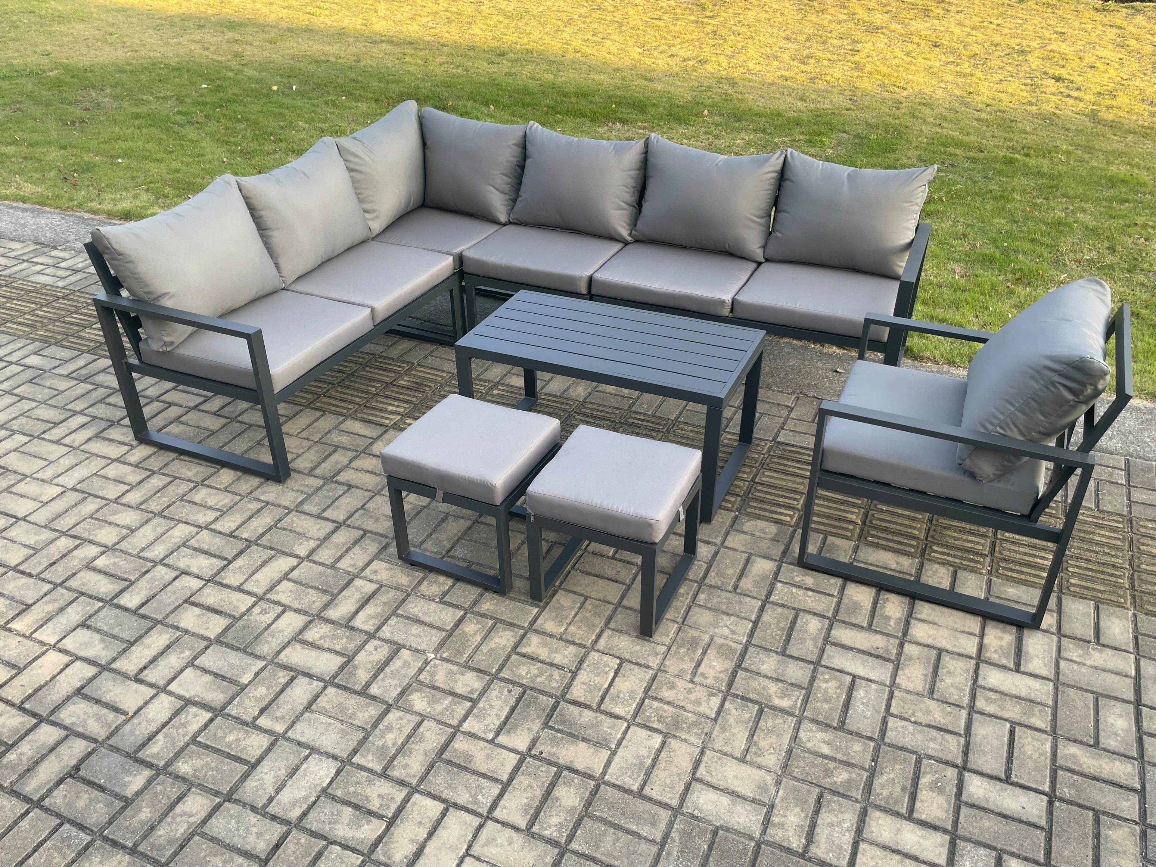 Aluminium Garden Furniture Set Outdoor Indoor Lounge Corner Sofa Chair Oblong Coffee Table Sets 2 Small Footstools Dark Grey