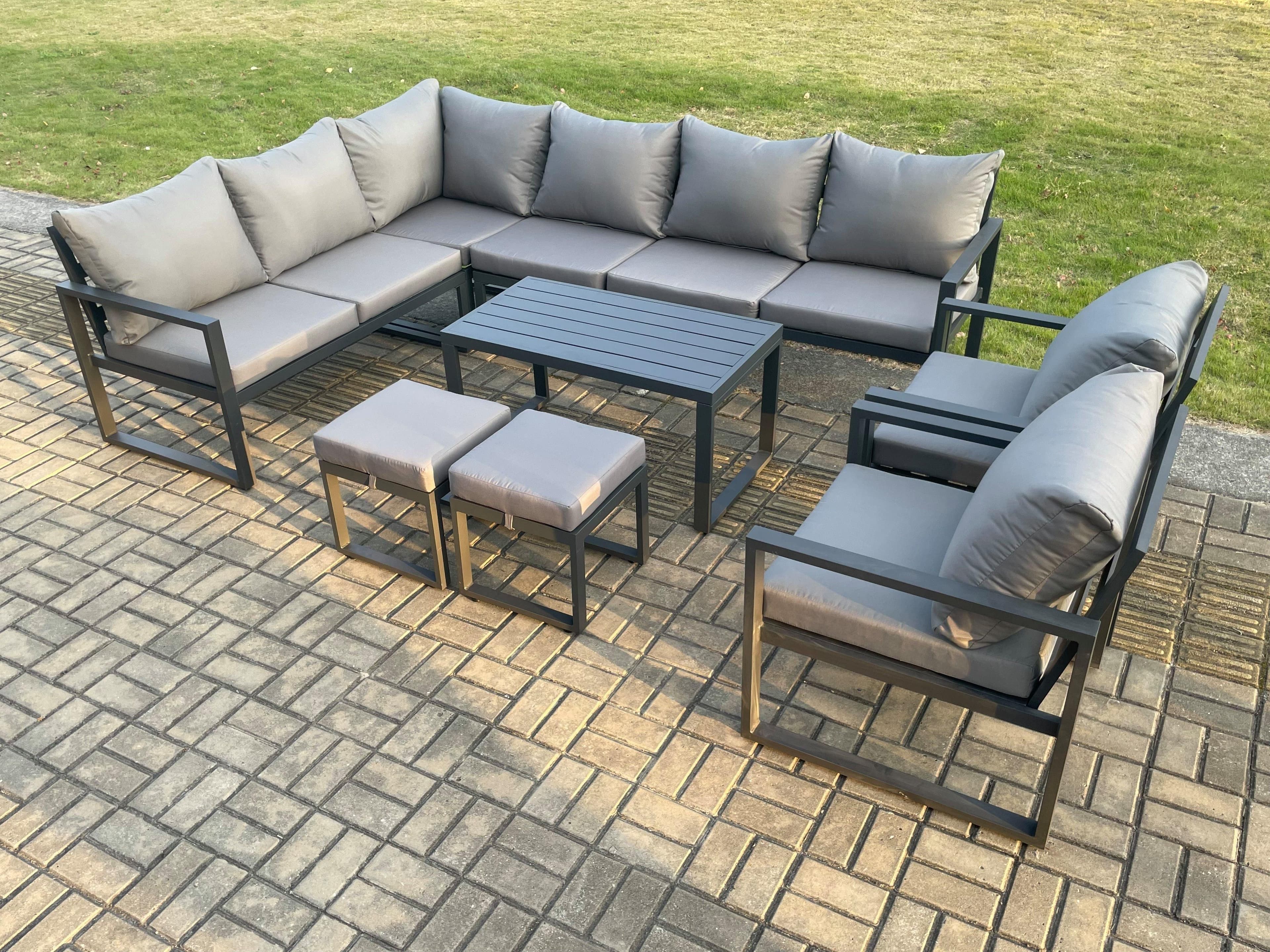 Aluminium Garden Furniture Set Outdoor Indoor Lounge Corner Sofa 2 Pcs Chair Oblong Coffee Table Sets 2 Small Footstools Dark Grey