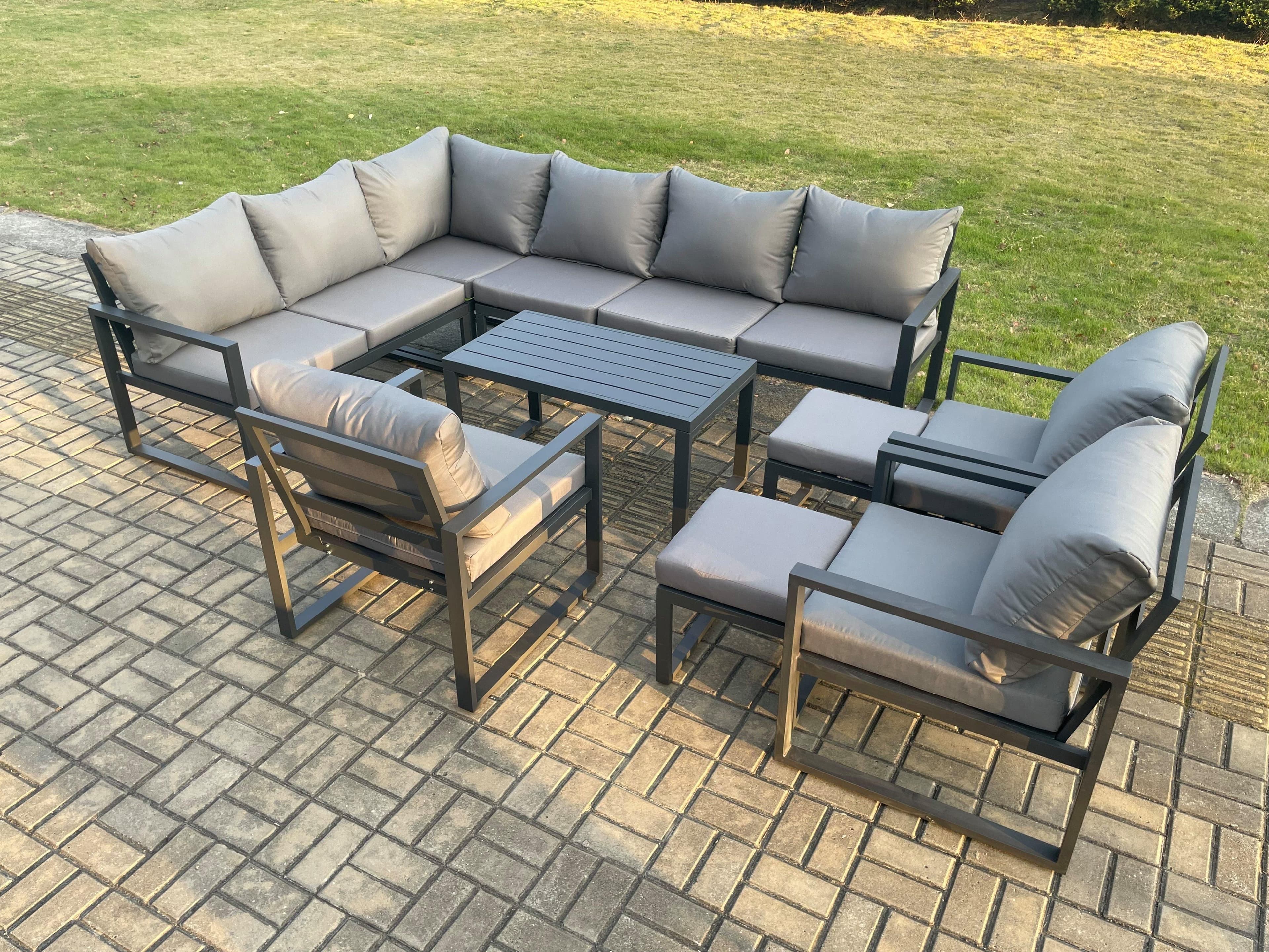 Aluminium Garden Furniture Set Outdoor Indoor Lounge Corner Sofa 3 Pcs Chair Oblong Coffee Table Sets 2 Small Footstools Dark Grey