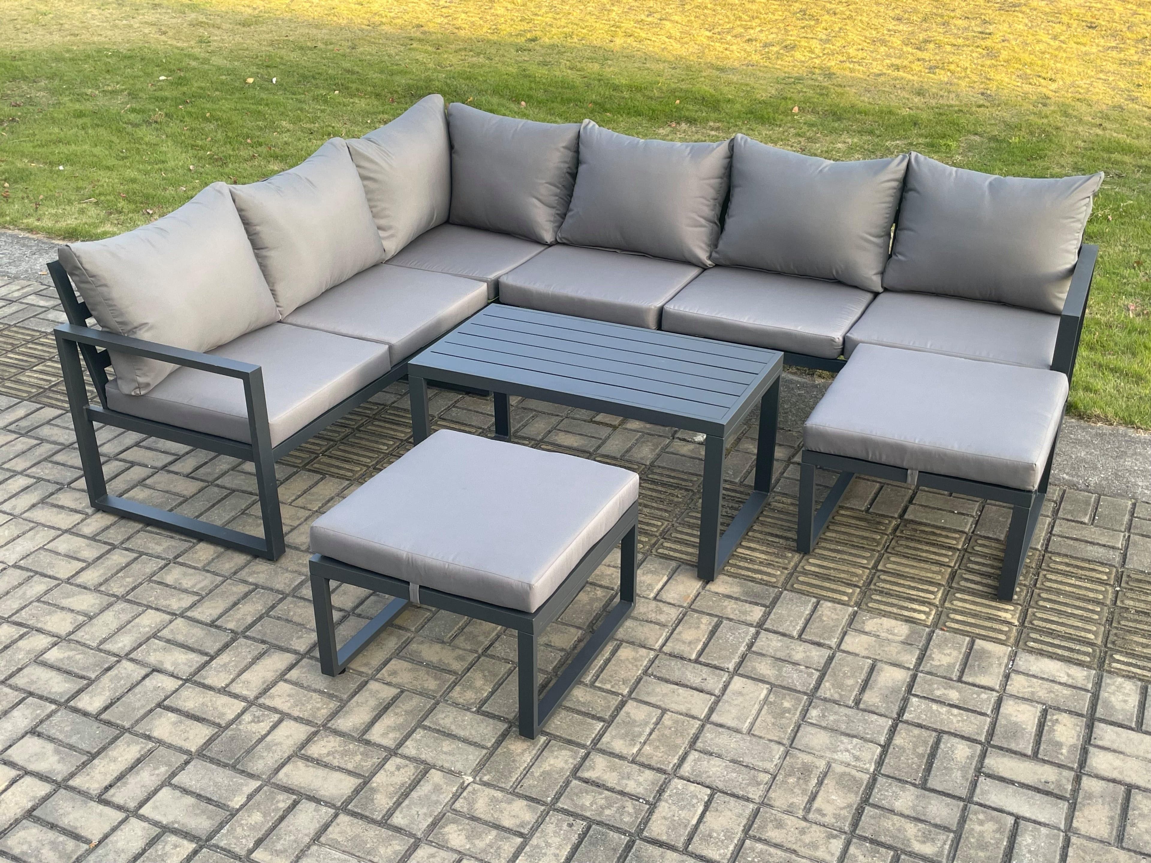 Aluminum 8 Seater Outdoor Lounge Corner Sofa Set Garden Furniture Sets Oblong Coffee Table 2 Big Footstool Dark Grey