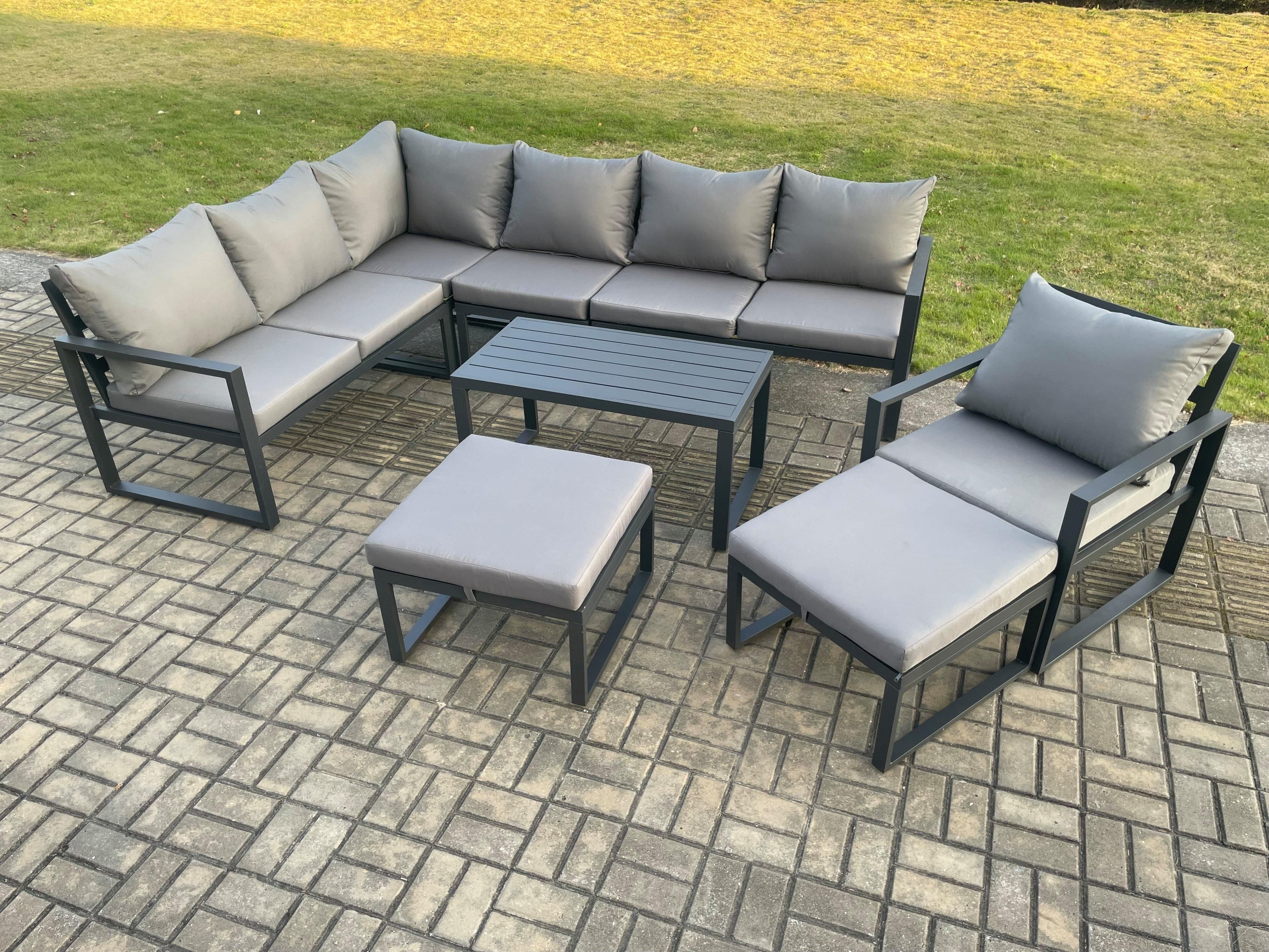 Aluminum 9 Seater Outdoor Lounge Corner Sofa Set Garden Furniture Sets Oblong Coffee Table Chair 2 Big Footstool Dark Grey