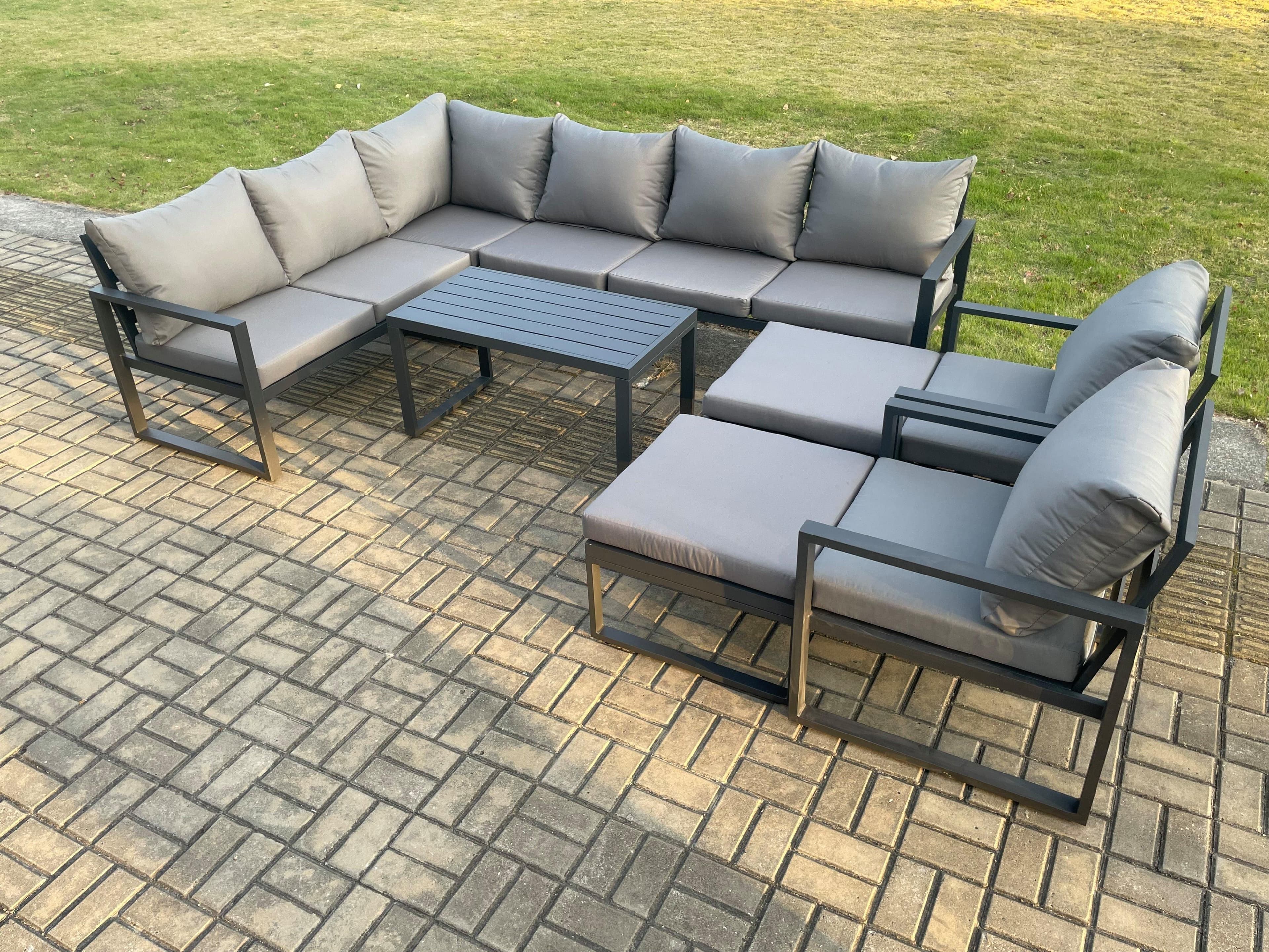 Aluminum 10 Seater Outdoor Lounge Corner Sofa Set Garden Furniture Sets Oblong Coffee Table 2 Chairs 2 Big Footstool Dark Grey