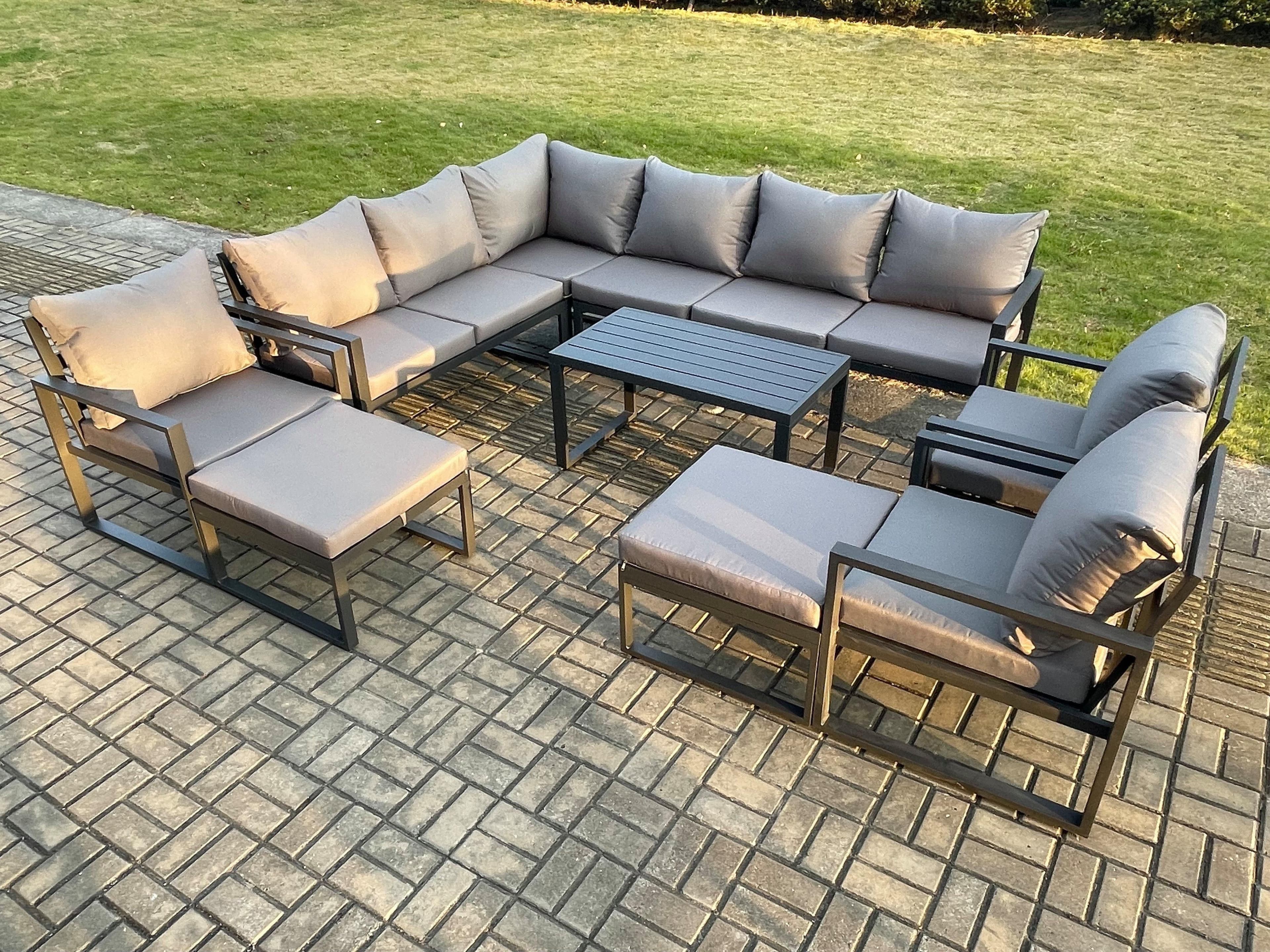 Aluminum 11 Seater Outdoor Lounge Corner Sofa Set Garden Furniture Sets Oblong Coffee Table 3 Chairs 2 Big Footstools Dark Grey