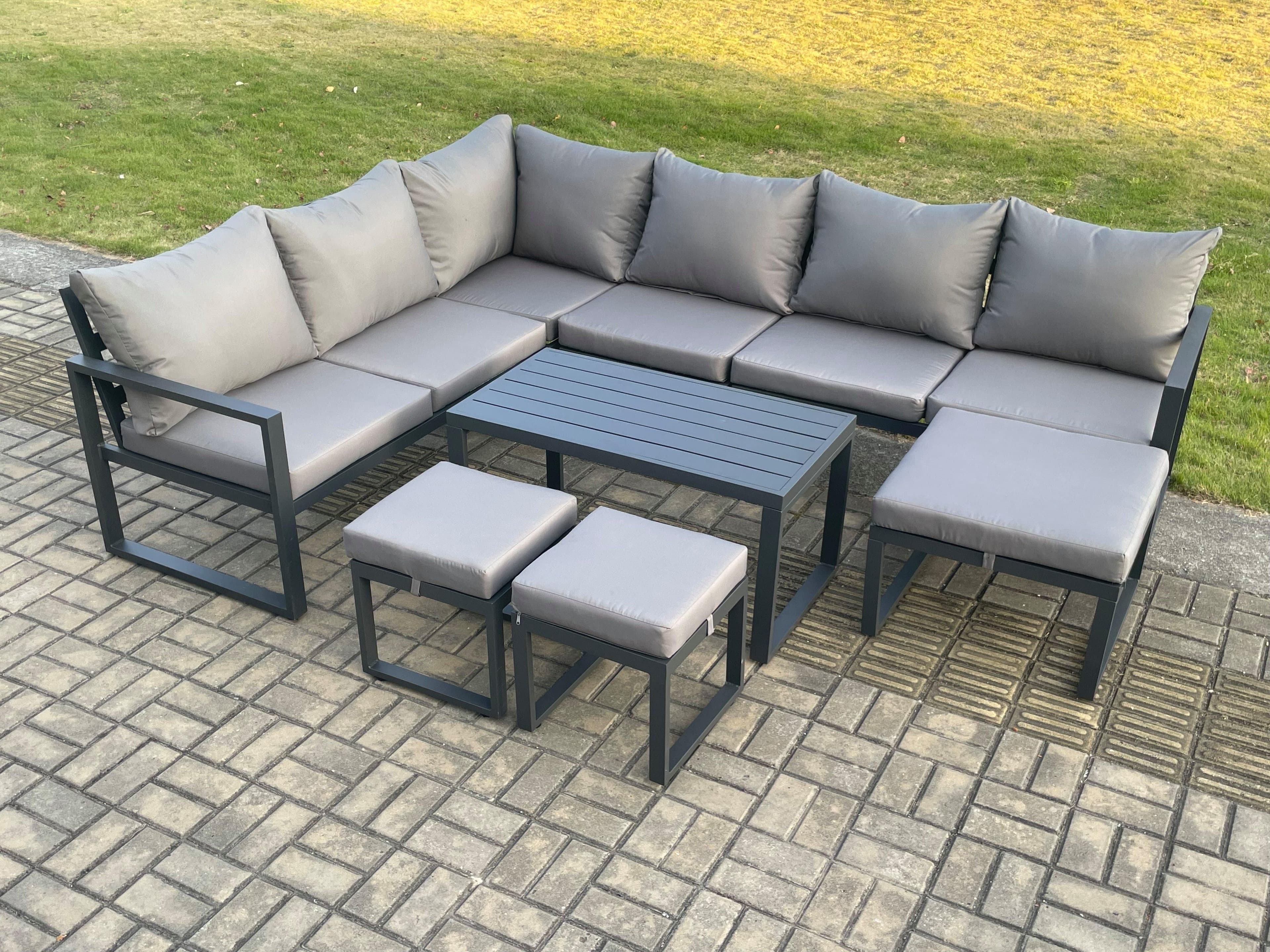 Aluminum 9 Seater Outdoor Lounge Corner Sofa Set Garden Furniture Sets Oblong Coffee Table 3 Footstools Dark Grey