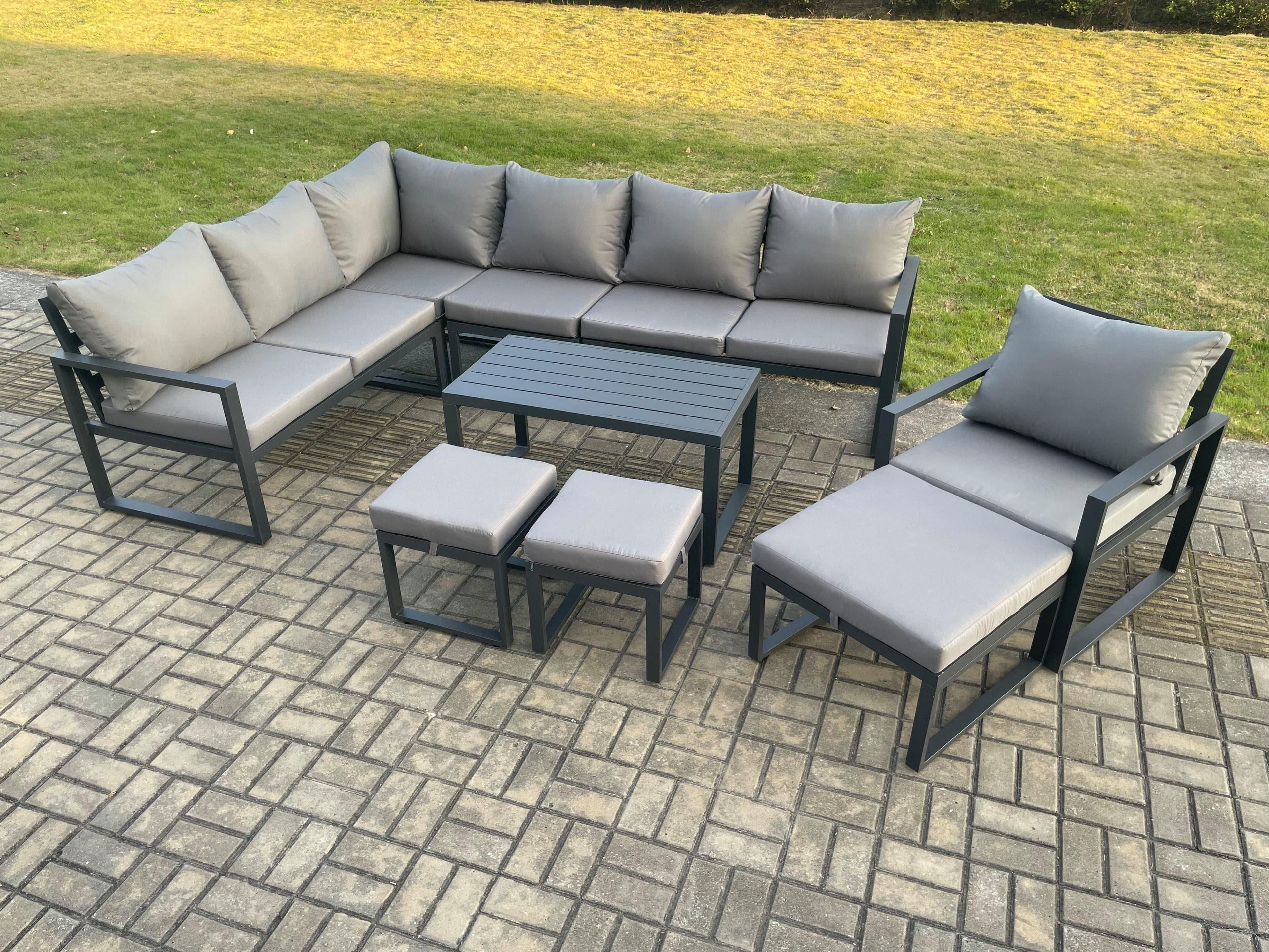 Aluminum 10 Seater Outdoor Lounge Corner Sofa Set Garden Furniture Sets Oblong Coffee Table Chair 3 Footstools Dark Grey