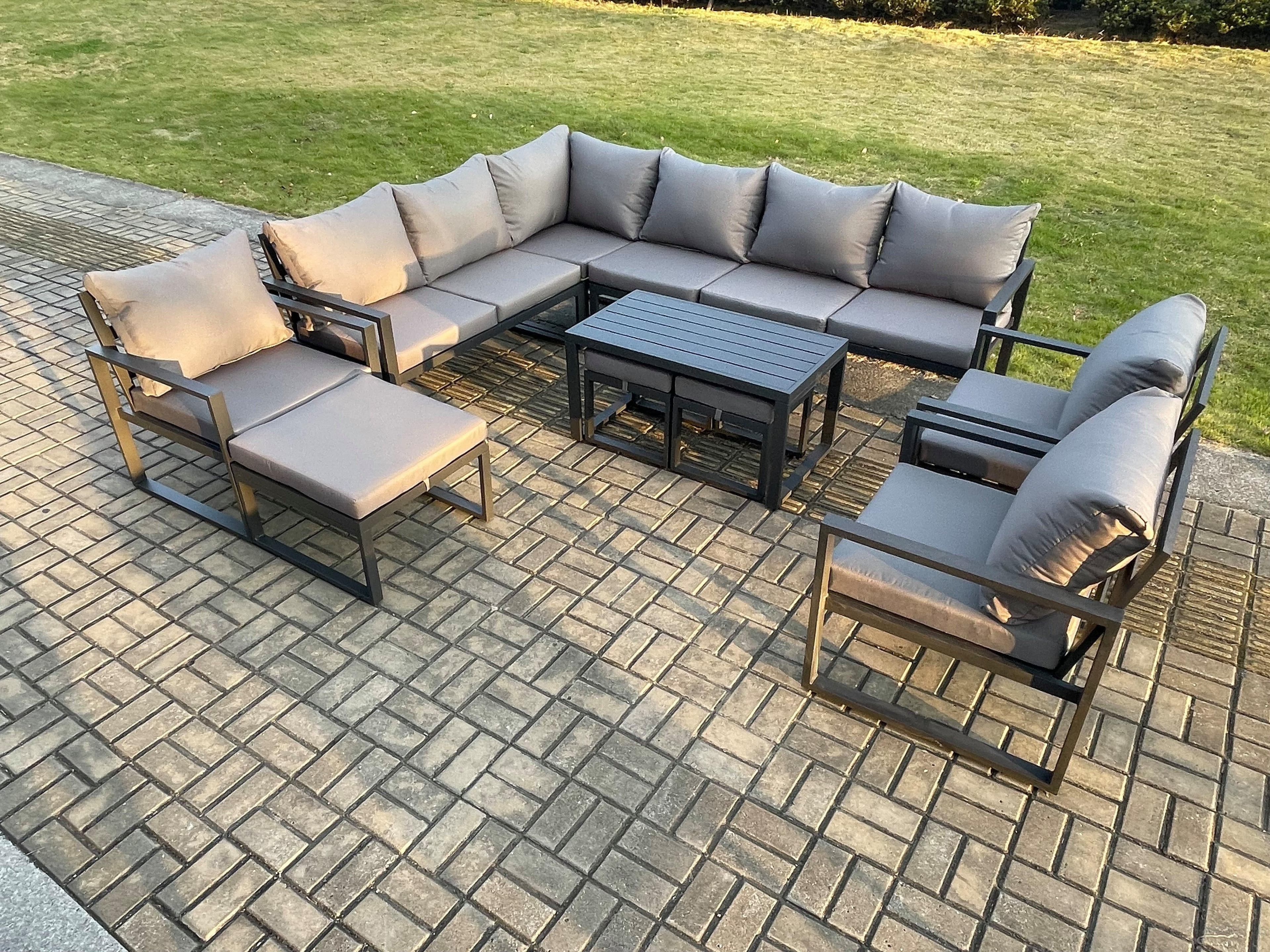 Aluminum 12 Seater Outdoor Lounge Corner Sofa Set Garden Furniture Sets Oblong Coffee Table 3 Chairs 3 Footstools Dark Grey