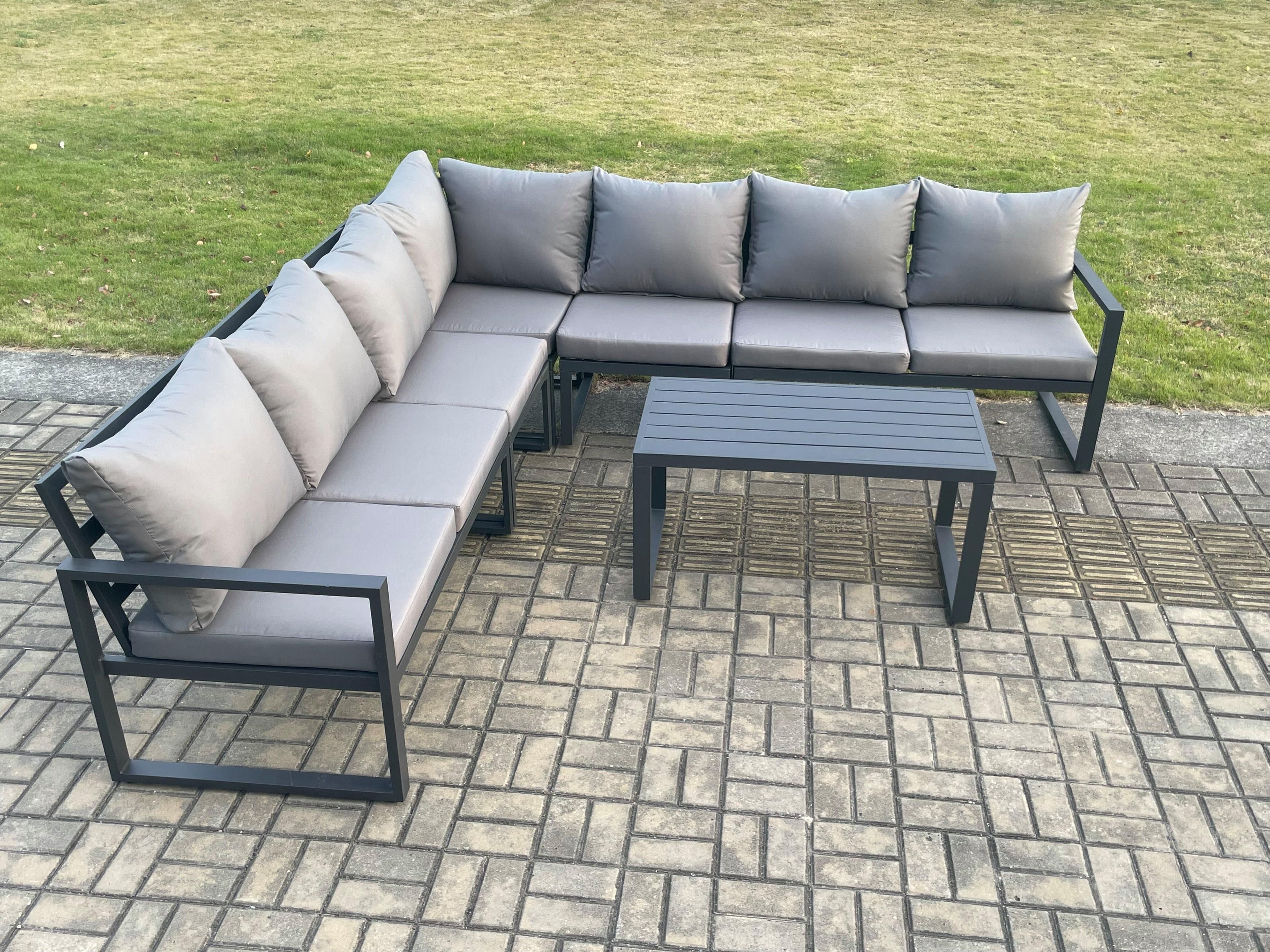 Aluminium Patio Outdoor Garden Furniture Lounge Corner Sofa Set Oblong Coffee Table Dark Grey
