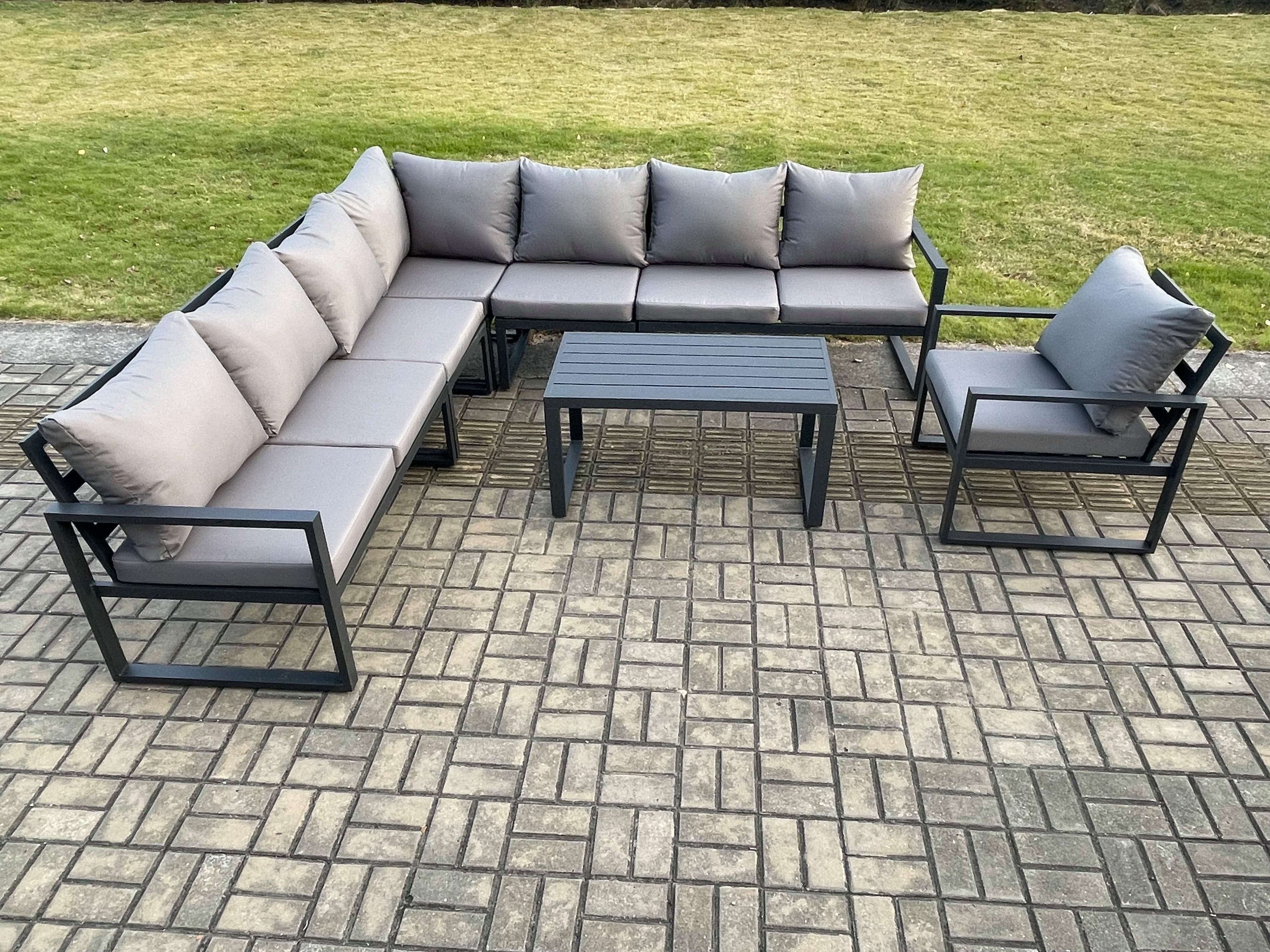 Aluminium Patio Outdoor Garden Furniture Lounge Corner Sofa Set Oblong Coffee Table Chair Dark Grey