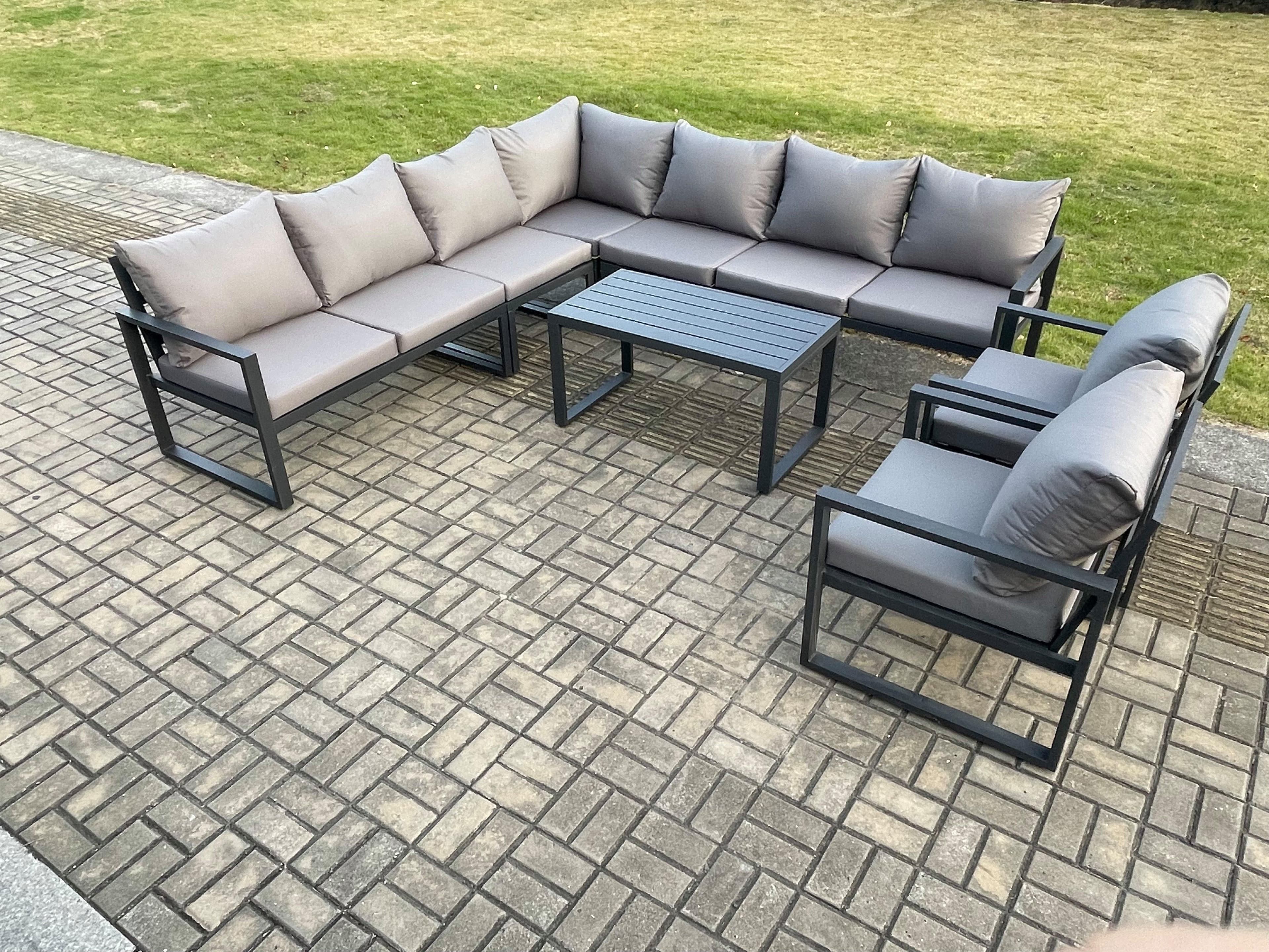 Aluminium Patio Outdoor Garden Furniture Lounge Corner Sofa Set Oblong Coffee Table 2 Chairs Dark Grey