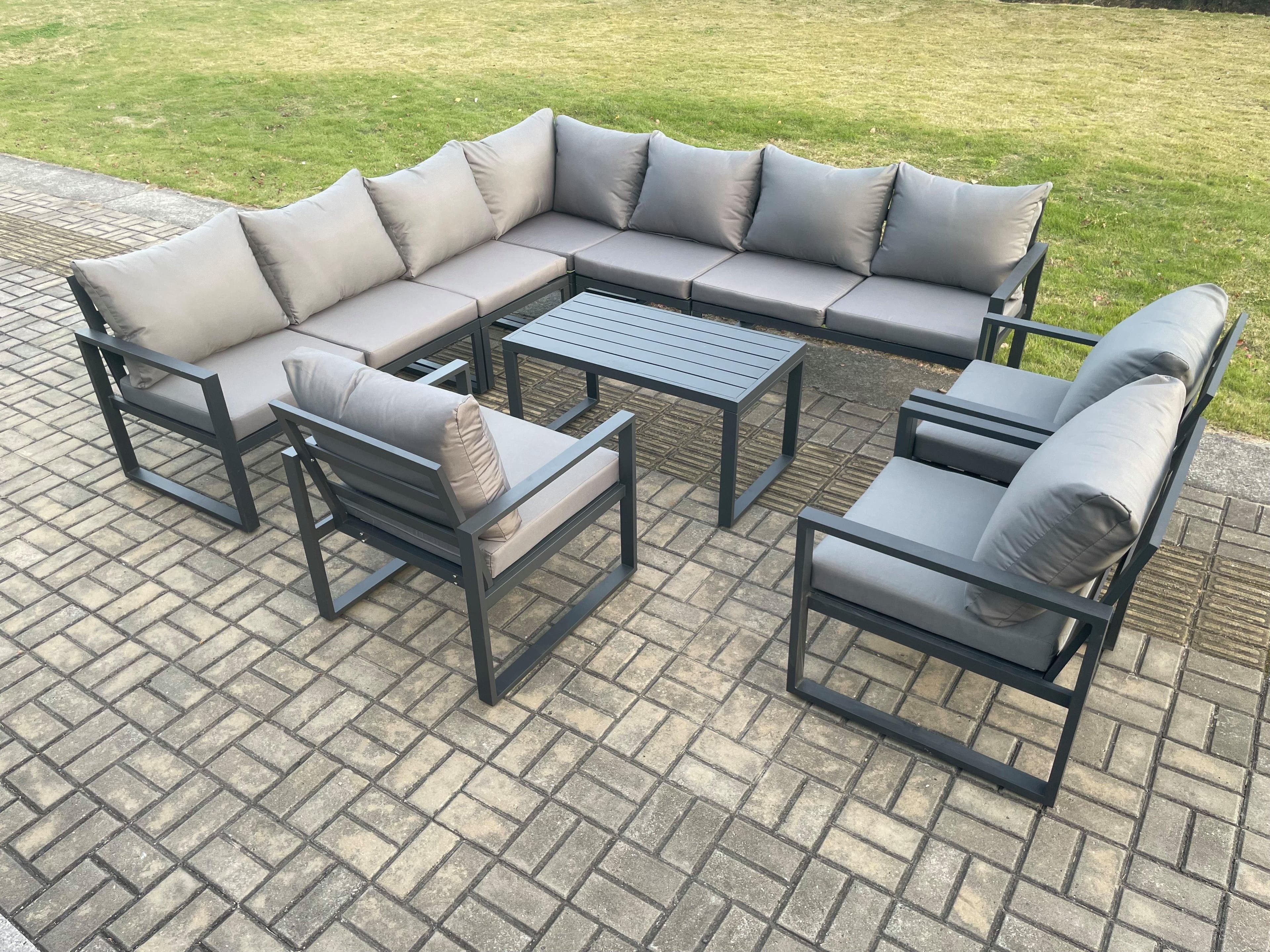 Aluminium Patio Outdoor Garden Furniture Lounge Corner Sofa Set Oblong Coffee Table 3 Chairs Dark Grey