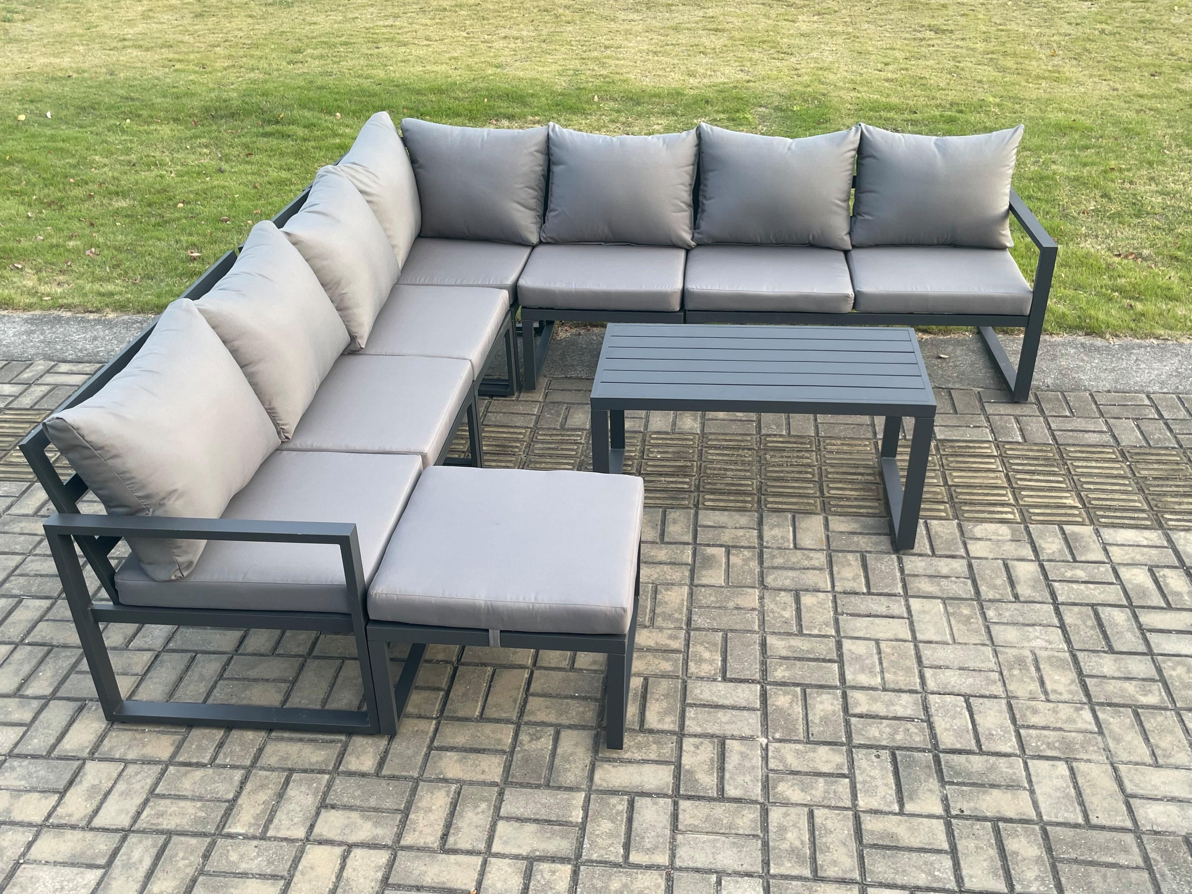 Aluminium Patio Outdoor Garden Furniture Lounge Corner Sofa Set Oblong Coffee Table Big Footstool Dark Grey