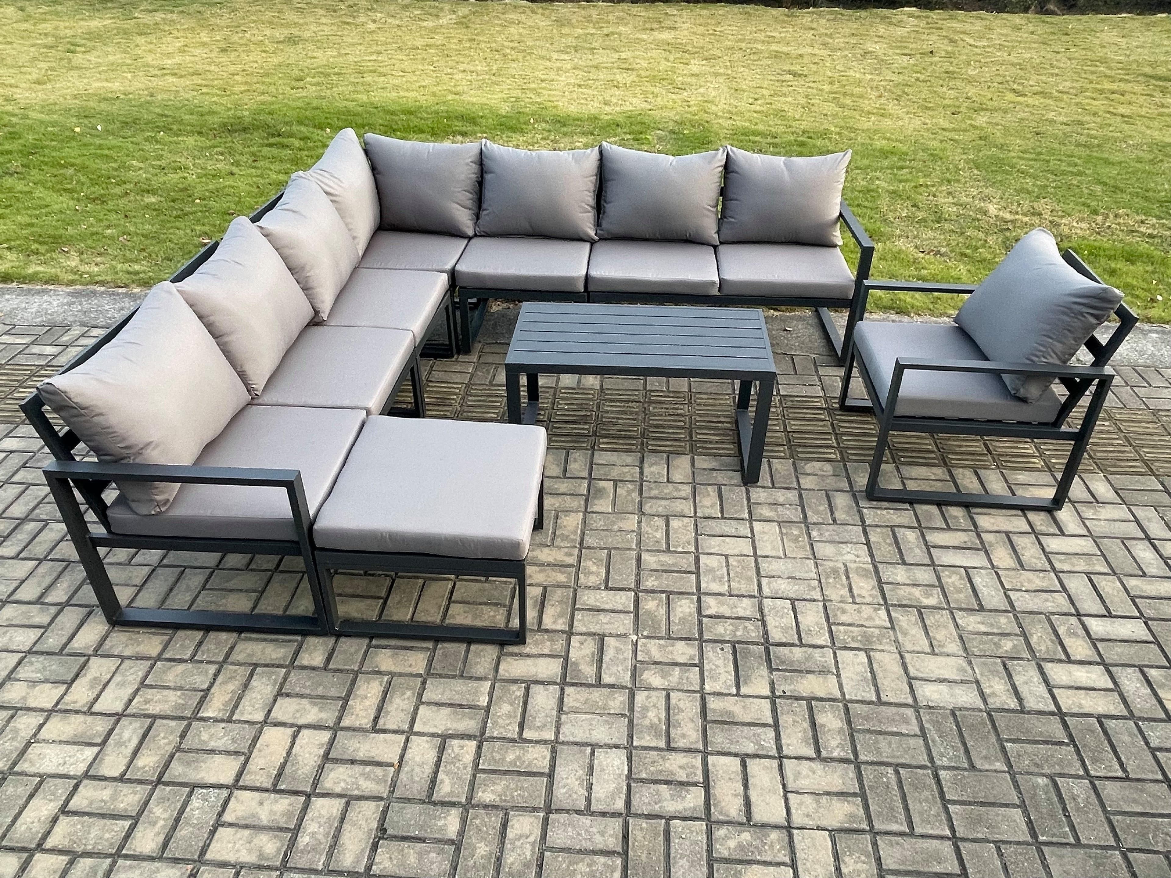 Aluminium Patio Outdoor Garden Furniture Lounge Corner Sofa Set Oblong Coffee Table Big Footstool Chair Dark Grey