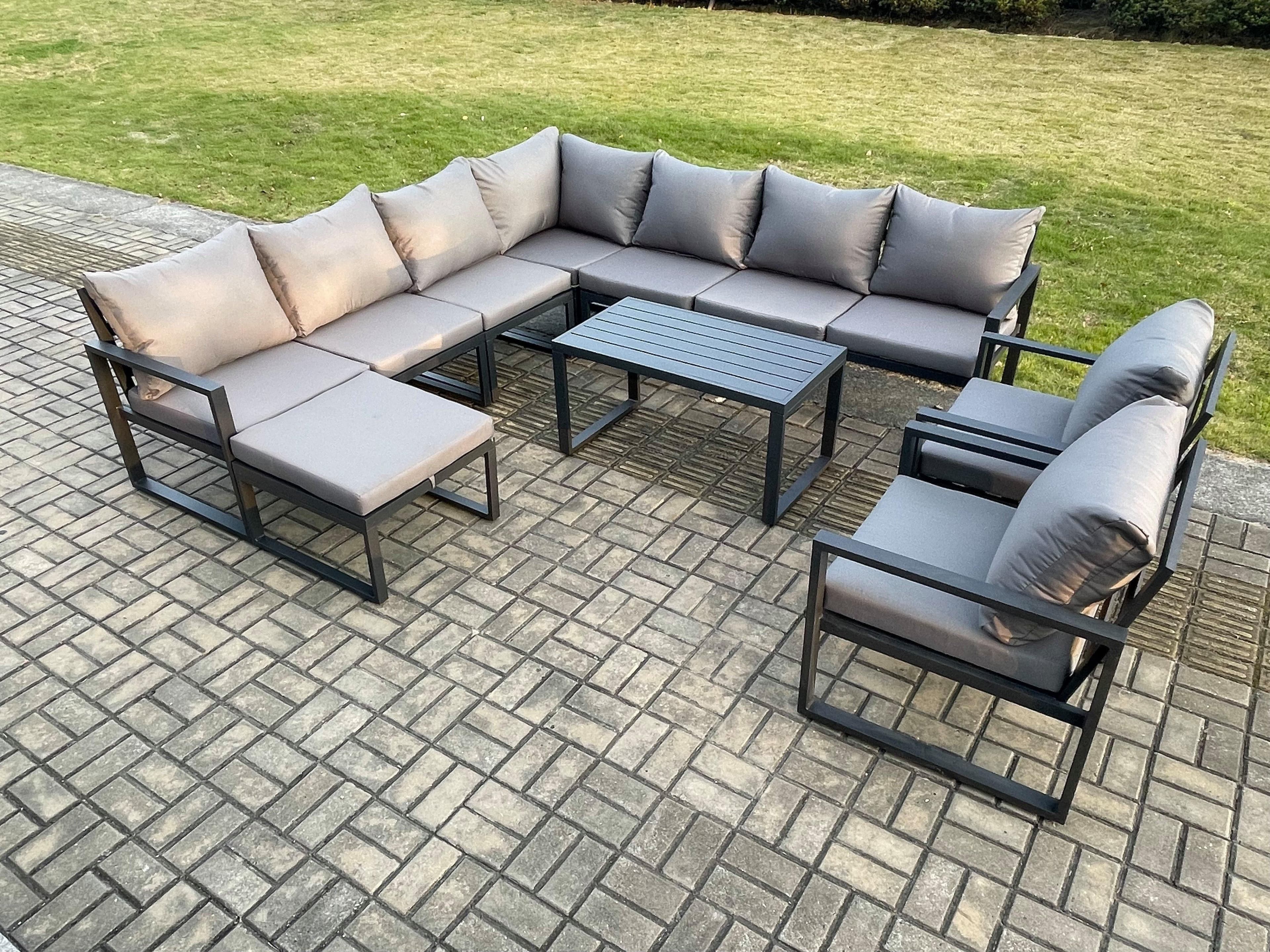 Aluminium Patio Outdoor Garden Furniture Lounge Corner Sofa Set Oblong Coffee Table Big Footstool 2 Chair Dark Grey