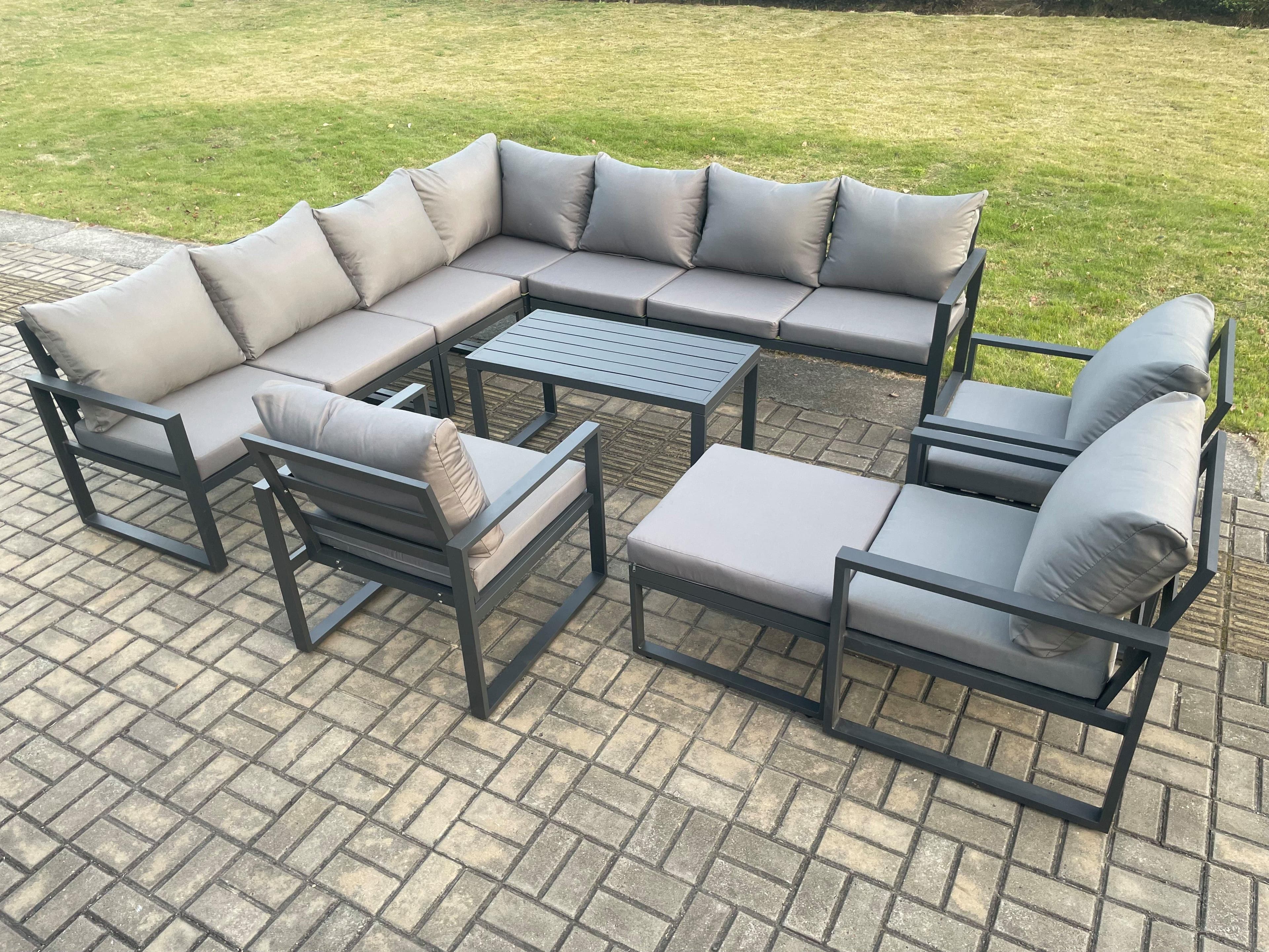 Aluminium Patio Outdoor Garden Furniture Lounge Corner Sofa Set Oblong Coffee Table Big Footstool 3 Chair Dark Grey