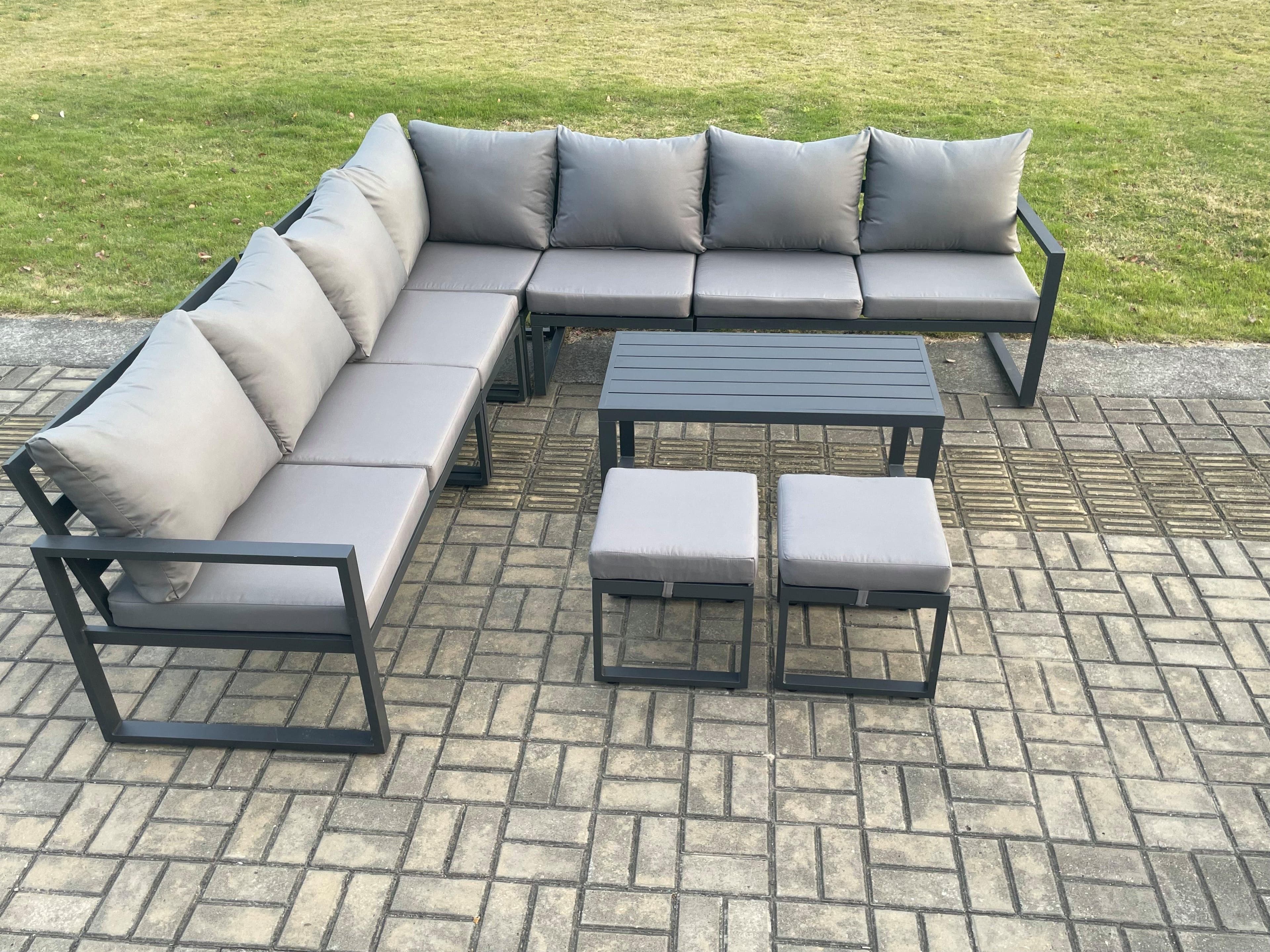 Aluminium Patio Outdoor Garden Furniture Lounge Corner Sofa Set Oblong Coffee Table 2 Small Footstools Dark Grey
