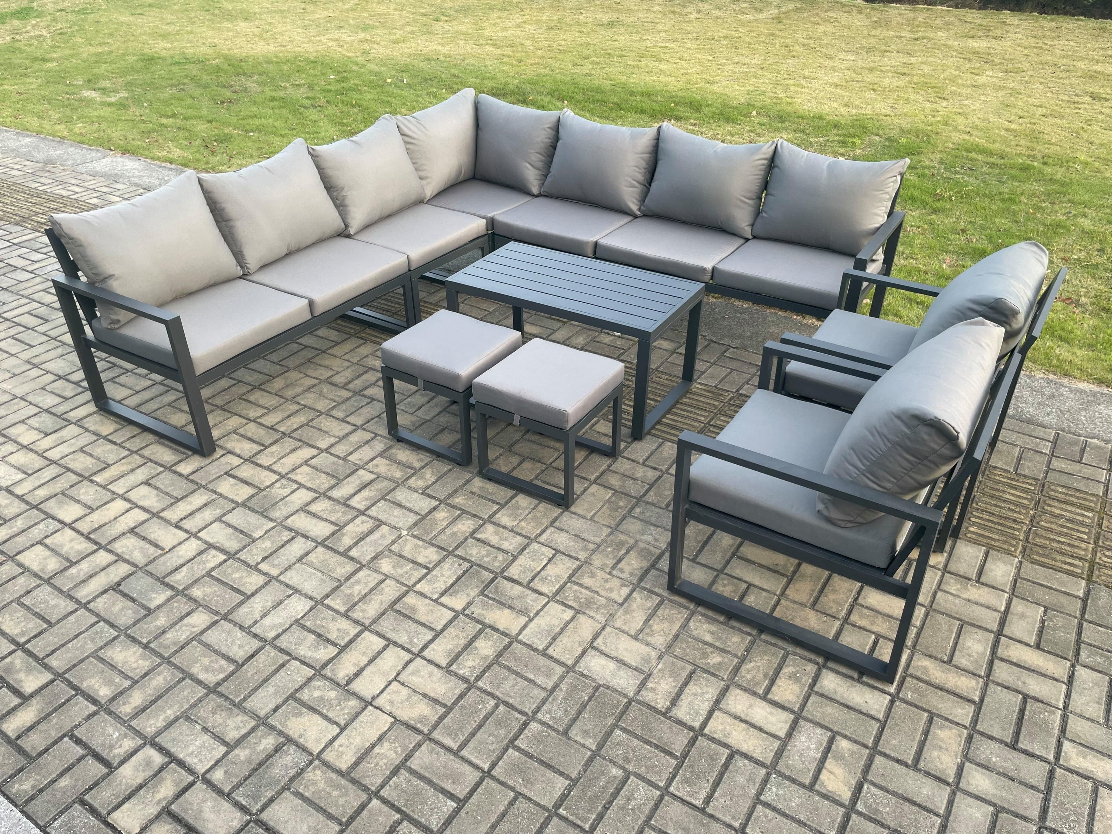 Aluminium Outdoor Garden Furniture Set Lounge Corner Sofa 2 Pcs Chair Oblong Coffee Table Sets 2 Small Footstools Dark Grey