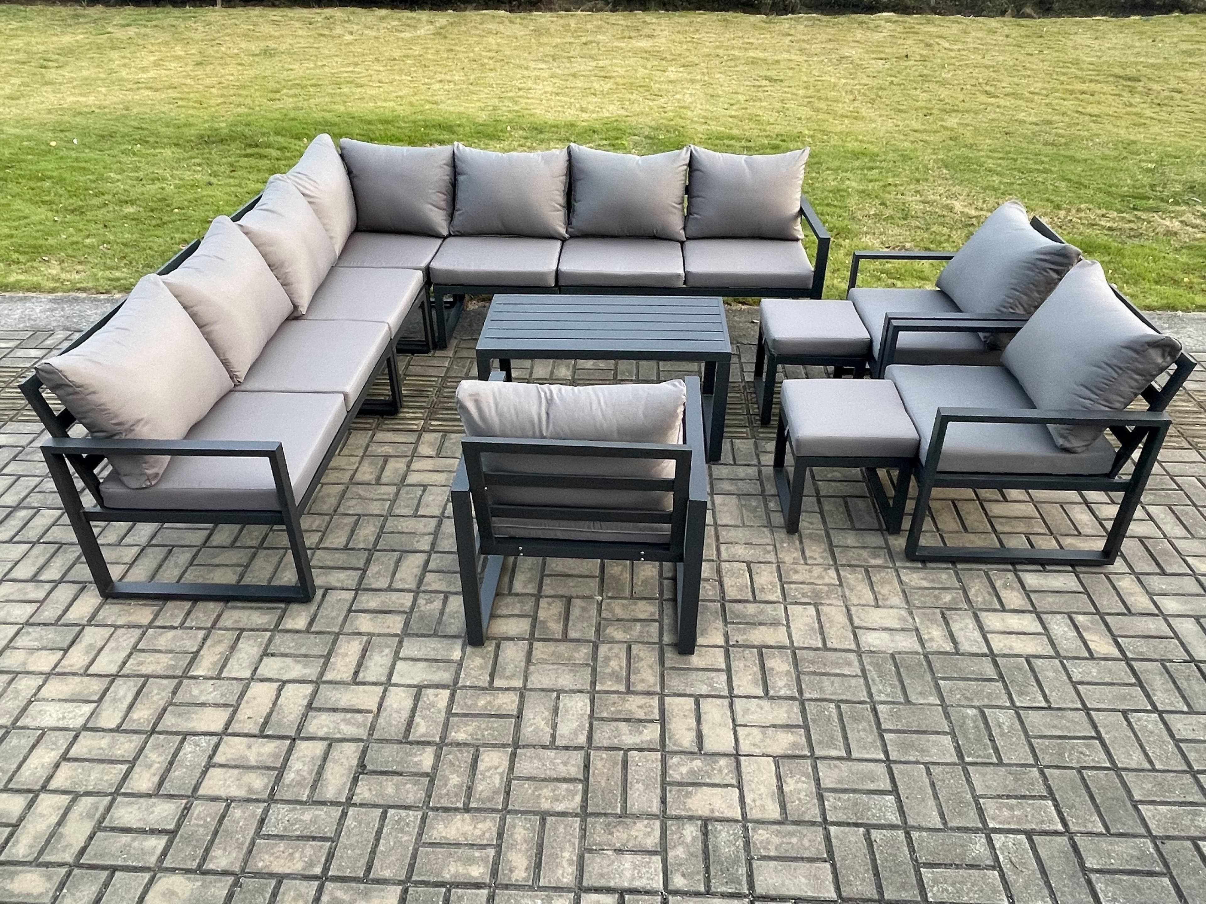 Aluminium Outdoor Garden Furniture Set Lounge Corner Sofa 3 Pcs Chair Oblong Coffee Table Sets 2 Small Footstools Dark Grey