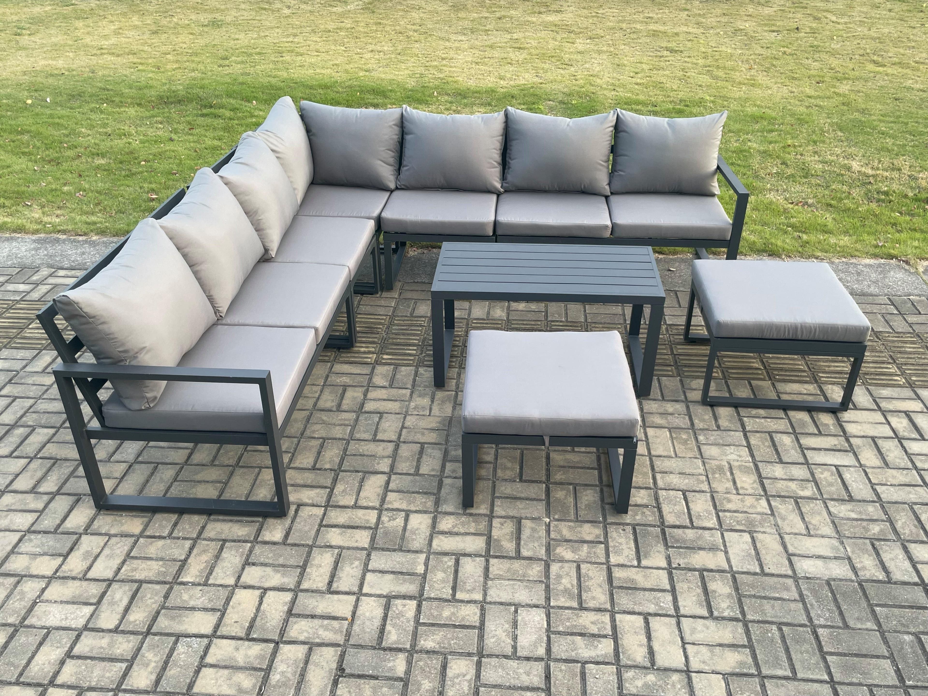 Aluminium Outdoor Garden Furniture Set Lounge Corner Sofa Oblong Coffee Table Sets 2 Big Footstools Dark Grey