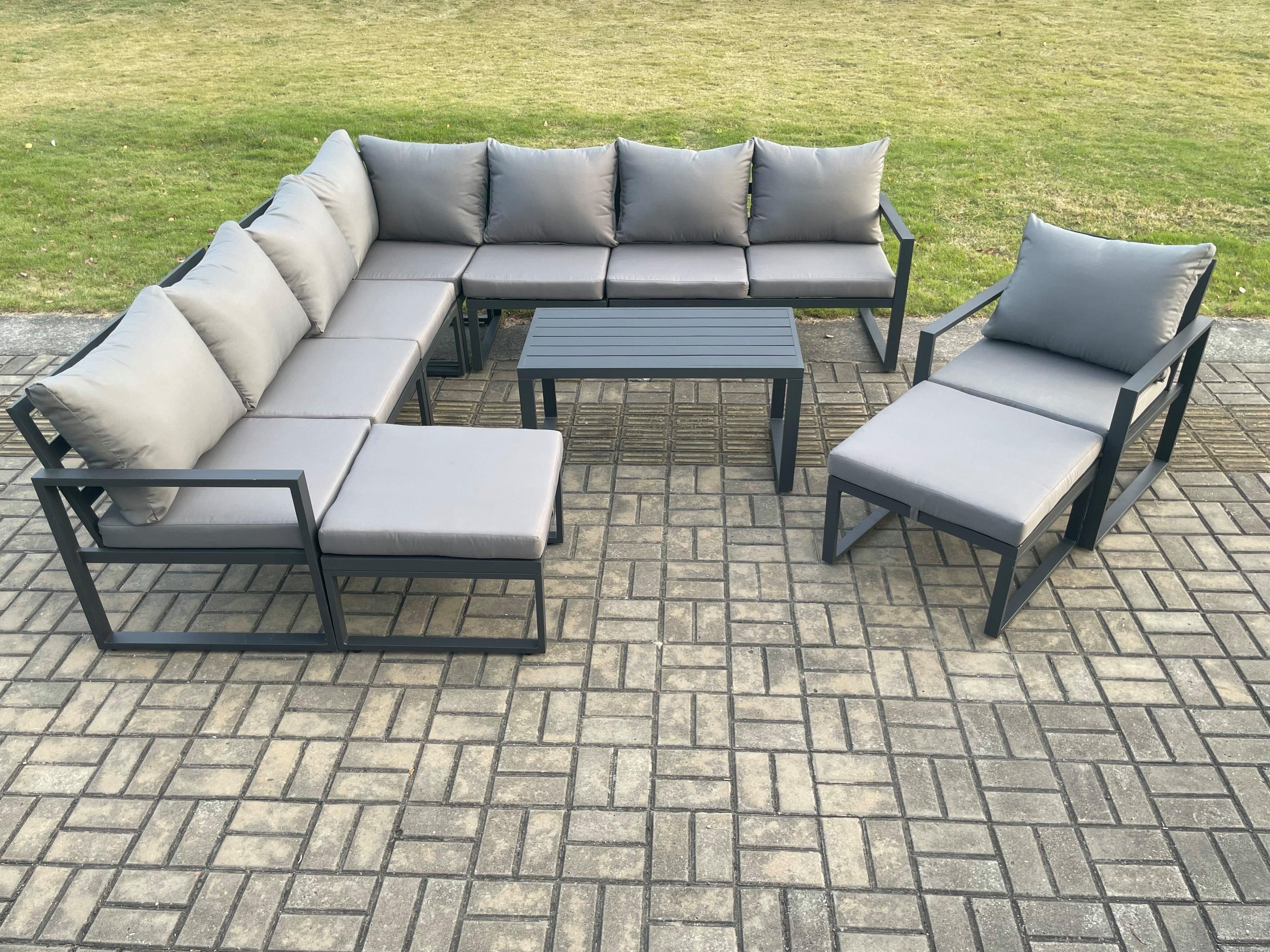 Aluminium Outdoor Garden Furniture Set Lounge Corner Sofa Chair Oblong Coffee Table Sets 2 Big Footstools Dark Grey