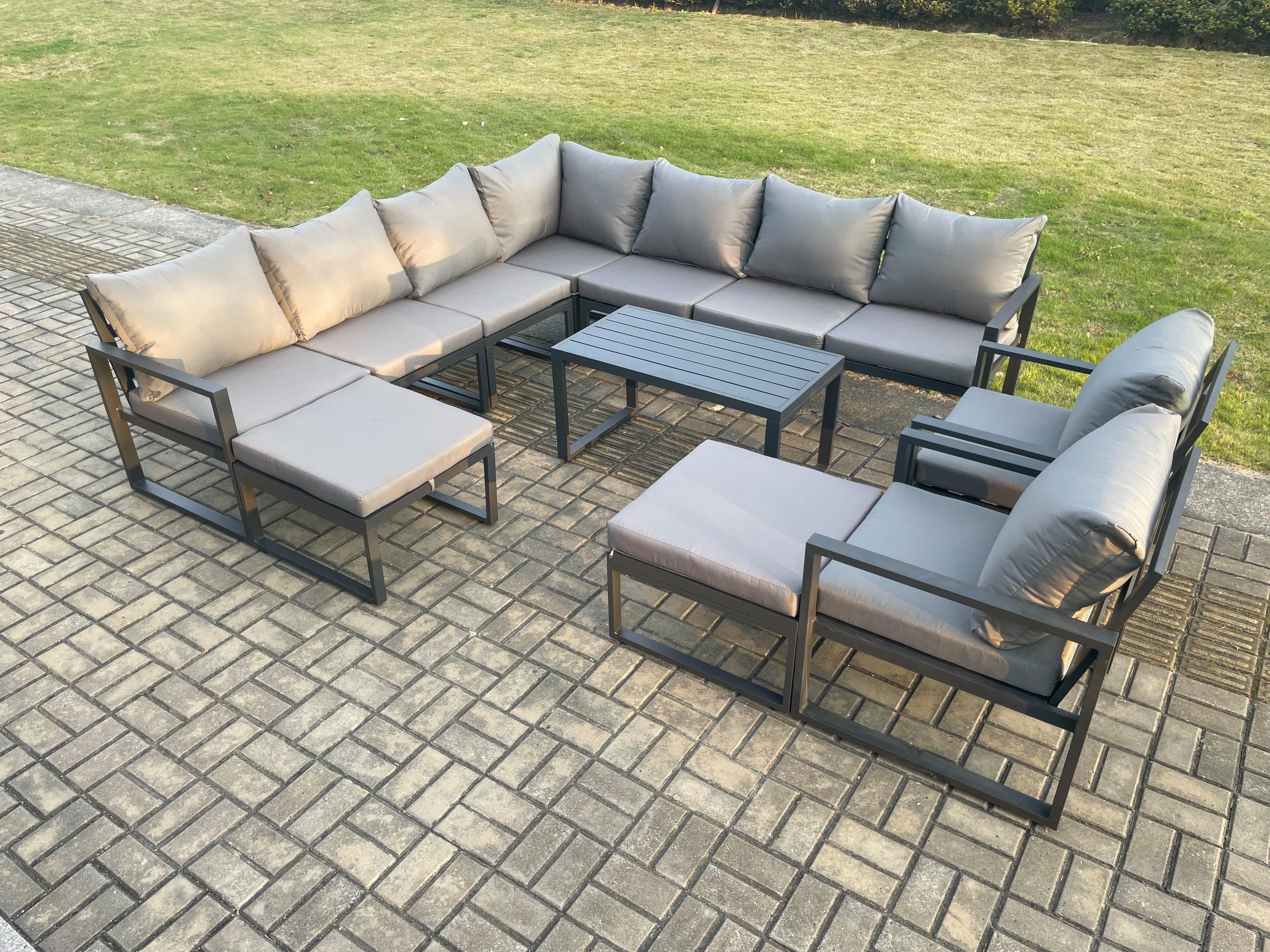 Aluminium Outdoor Garden Furniture Set Lounge Corner Sofa 2 Pcs Chair Oblong Coffee Table Sets 2 Big Footstools Dark Grey
