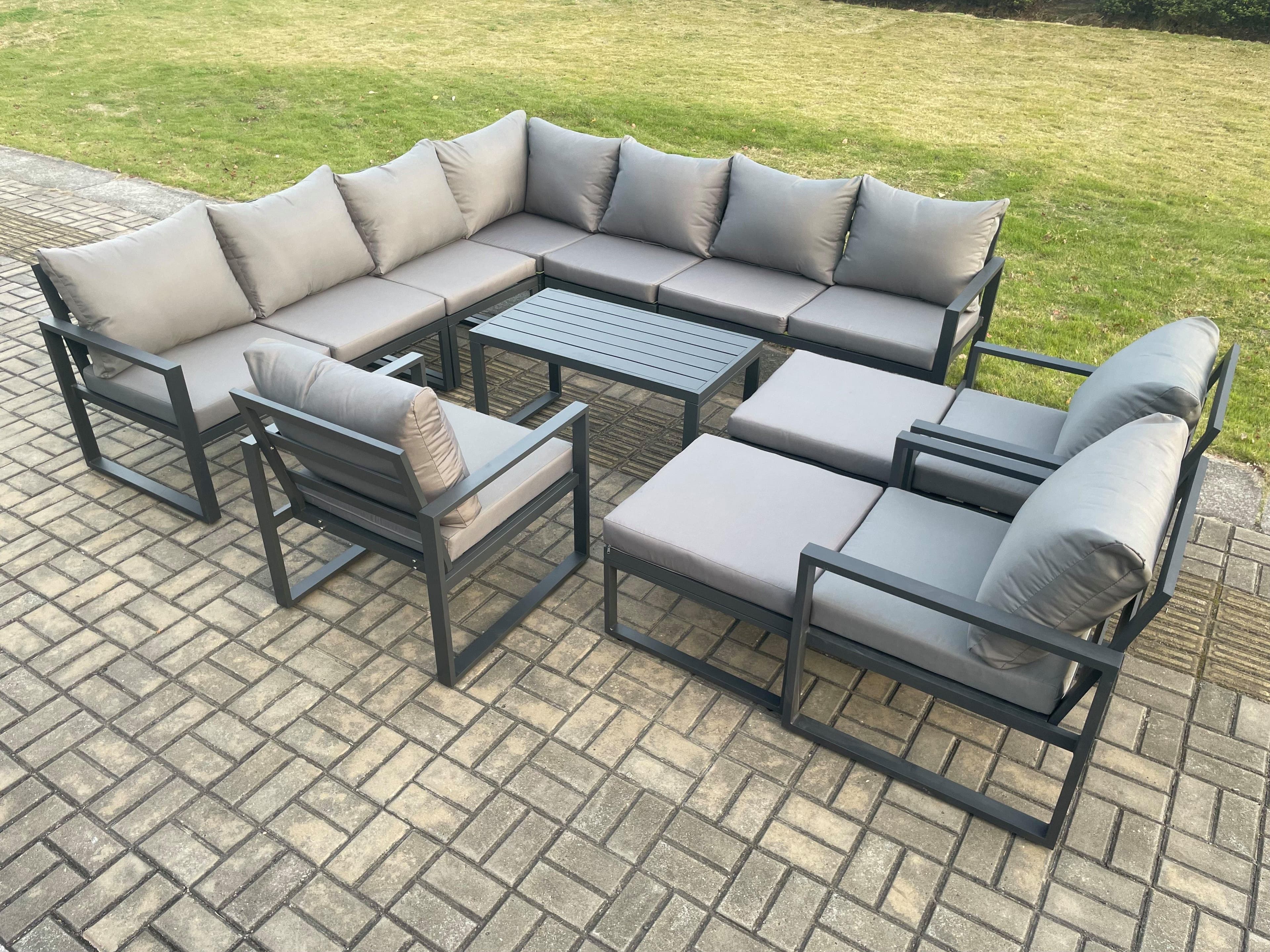 Aluminium Outdoor Garden Furniture Set Lounge Corner Sofa 3 Pcs Chair Oblong Coffee Table Sets 2 Big Footstools Dark Grey