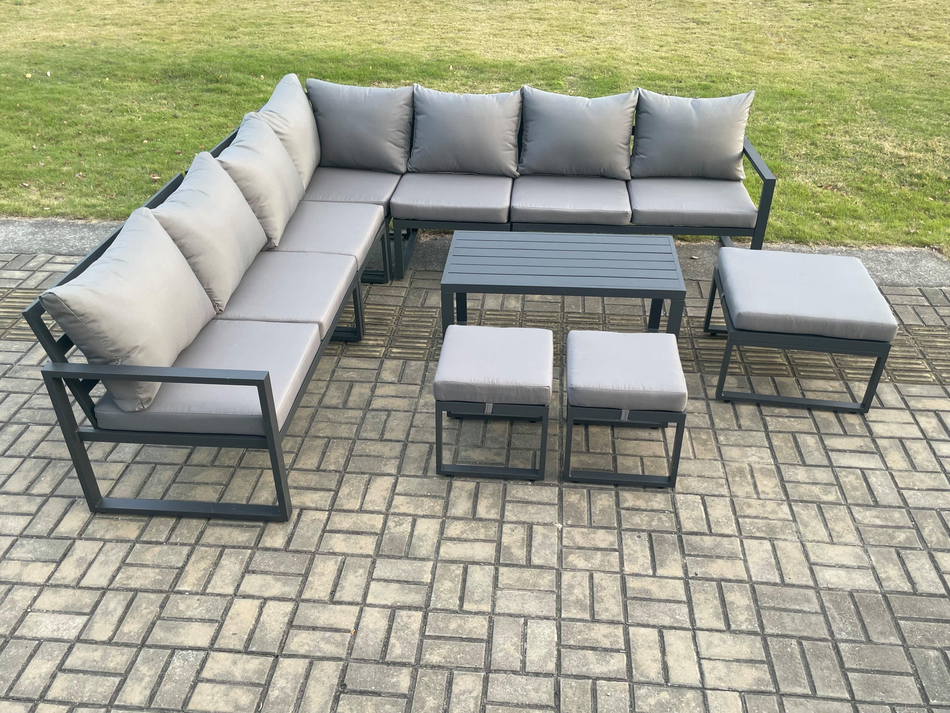 Aluminium Outdoor Garden Furniture Set Lounge Corner Sofa Oblong Coffee Table Sets 3 Footstools Dark Grey