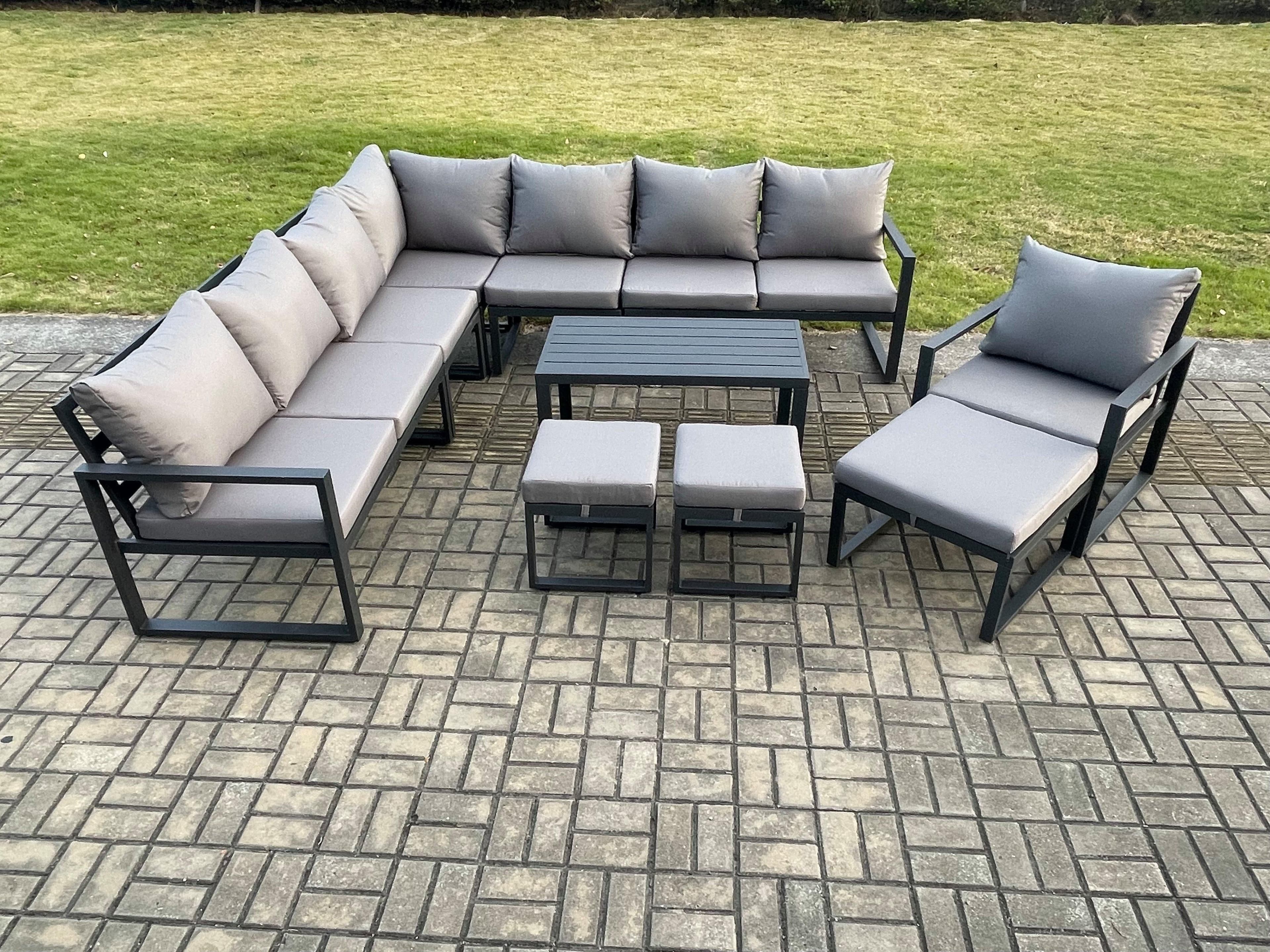 Aluminium Outdoor Garden Furniture Set Lounge Corner Sofa Oblong Coffee Table Chair Sets 3 Footstools Dark Grey