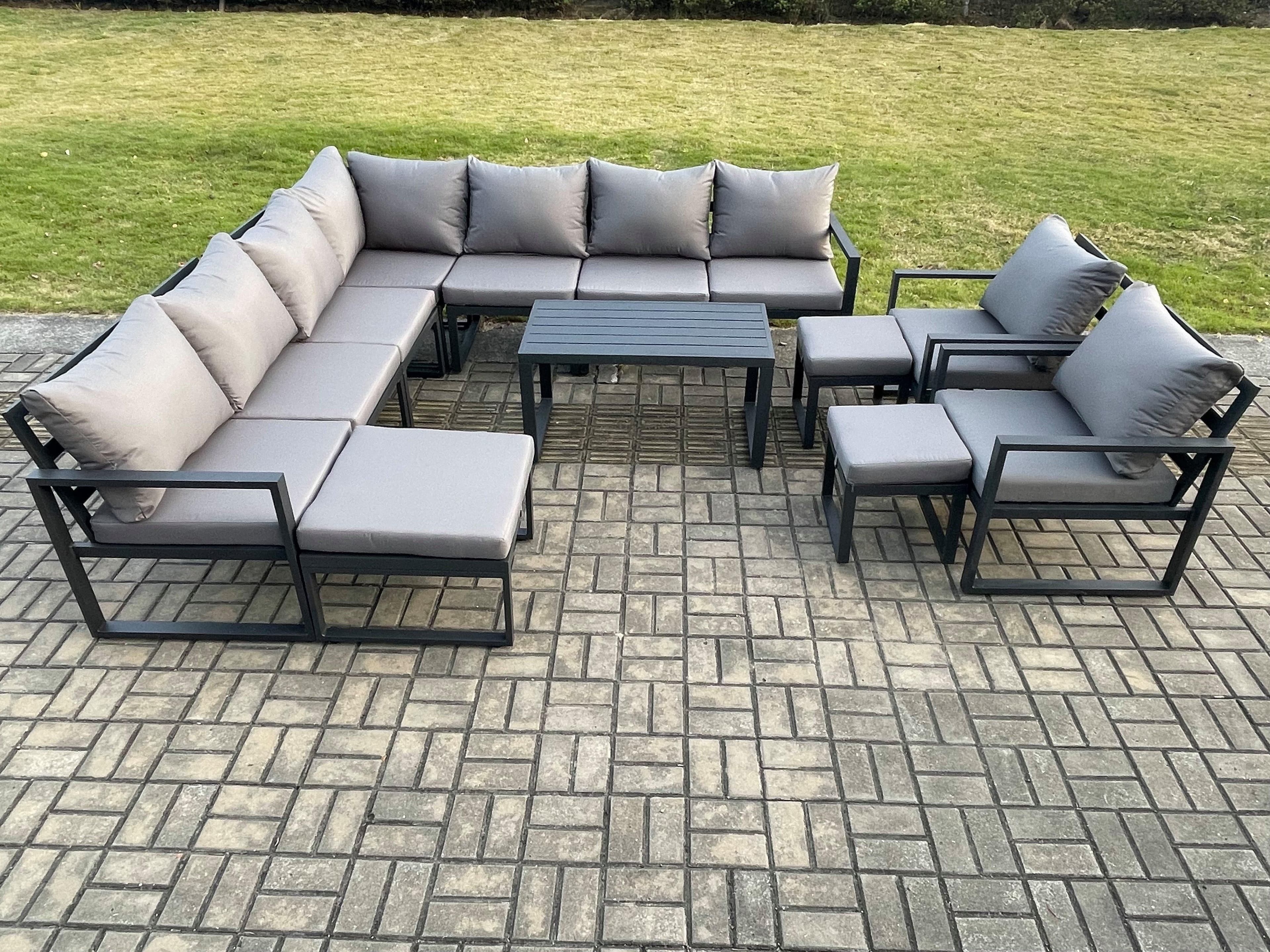 Aluminium Outdoor Garden Furniture Set Lounge Corner Sofa Oblong Coffee Table 2 Pcs Chair Sets 3 Footstools Dark Grey