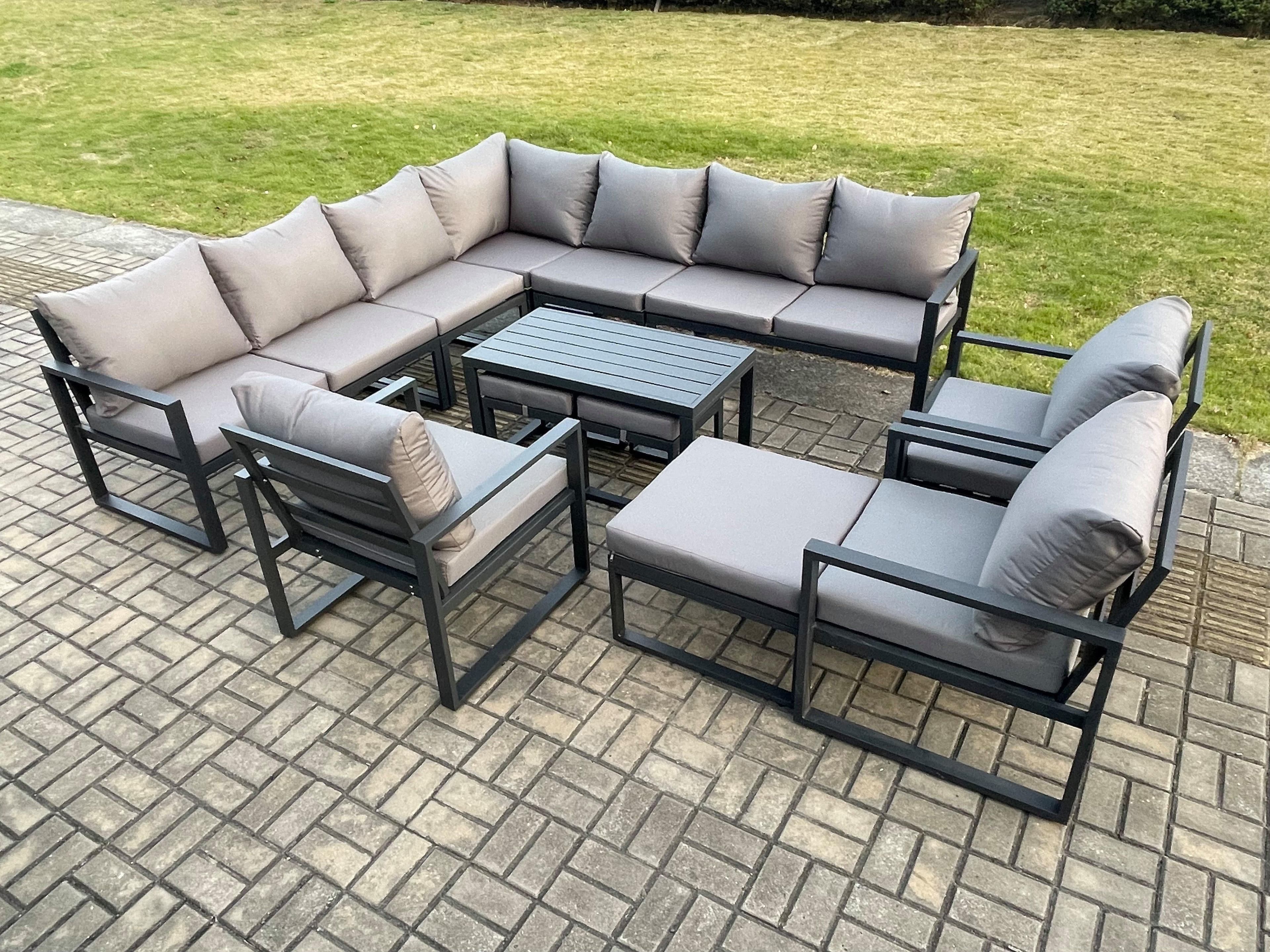 Aluminium 13 Seater Outdoor Garden Furniture Set Lounge Corner Sofa Oblong Coffee Table 3 Pcs Chair Sets 3 Footstools Dark Grey