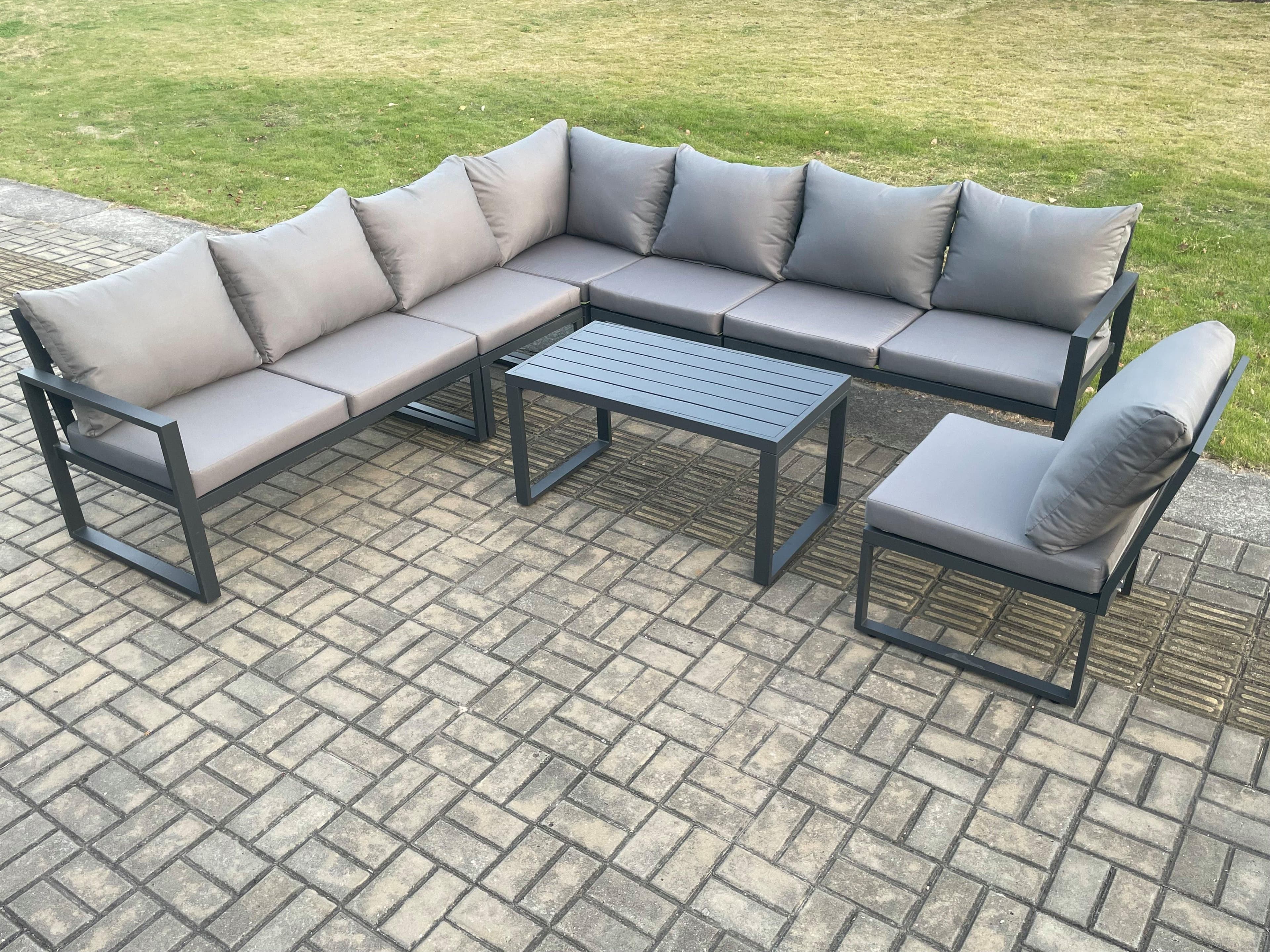 Aluminium 8 Seater Patio Outdoor Garden Furniture Lounge Corner Sofa Set Oblong Coffee Table Dark Grey