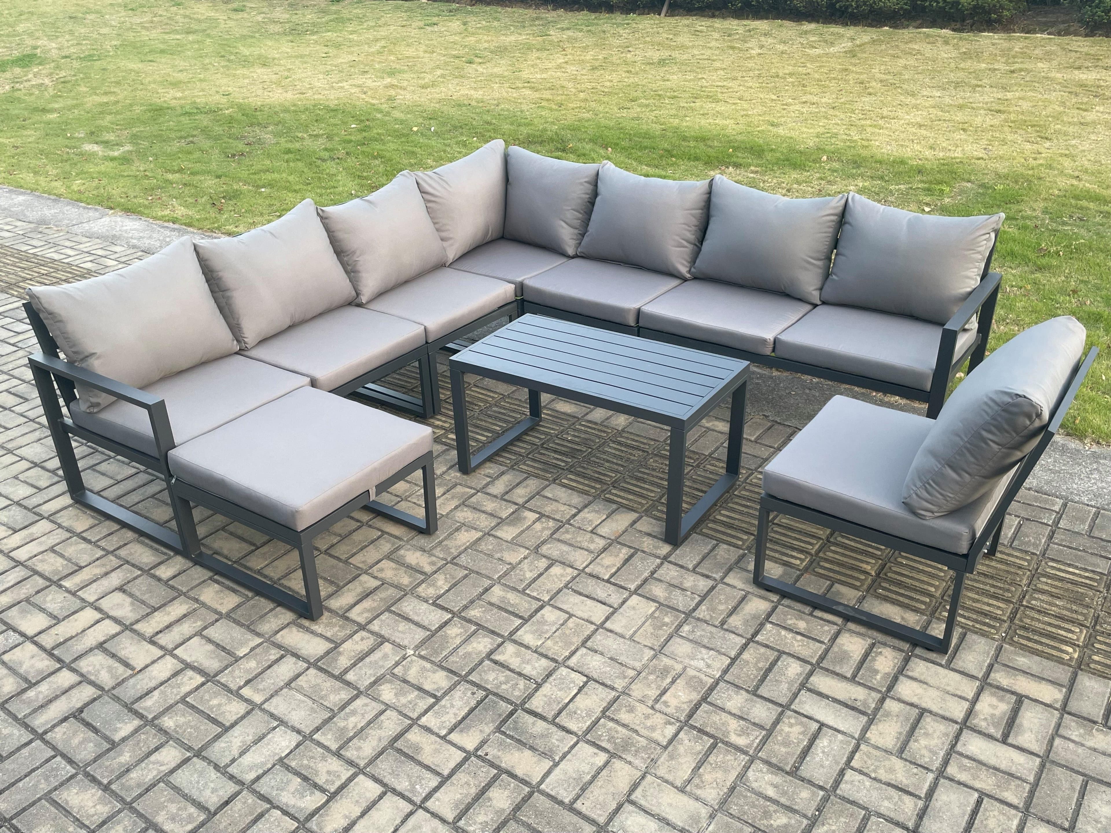 Aluminium 9 Seater Patio Outdoor Garden Furniture Lounge Corner Sofa Set Oblong Coffee Table Big Footstool Dark Grey