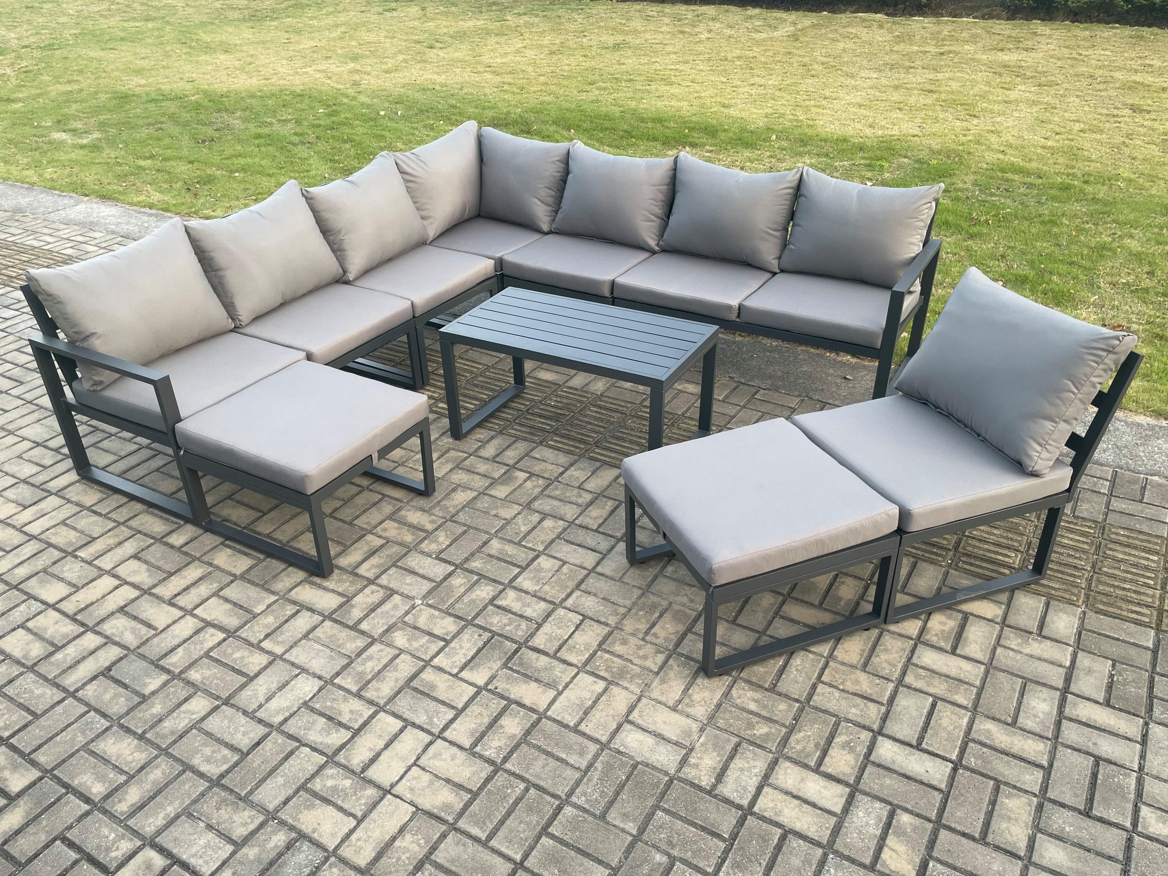 Aluminium 10 Seater Patio Outdoor Garden Furniture Lounge Corner Sofa Set Oblong Coffee Table 2 Big Footstools Dark Grey
