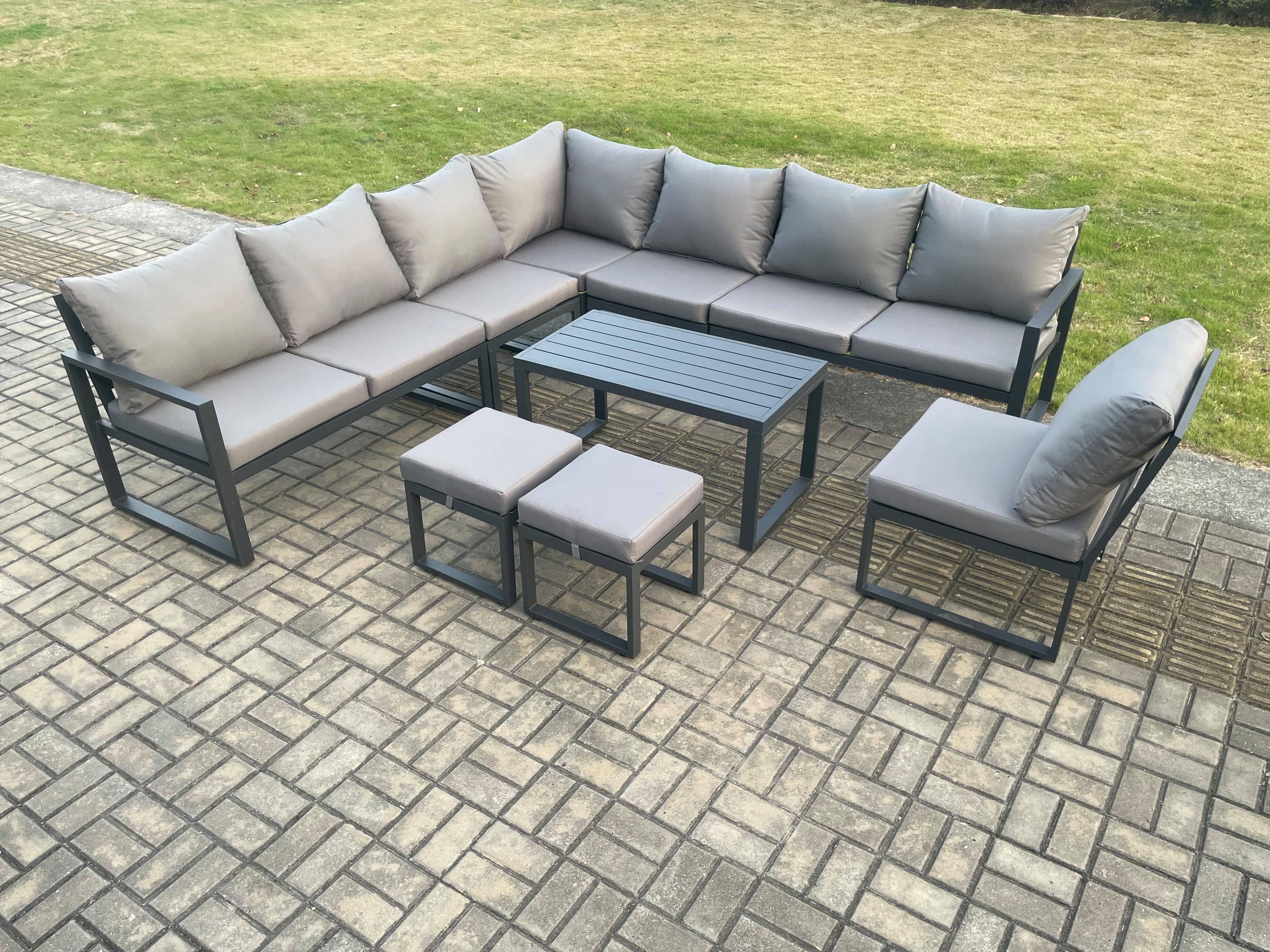 Aluminium 10 Seater Patio Outdoor Garden Furniture Lounge Corner Sofa Set Oblong Coffee Table 2 Small Footstools Dark Grey