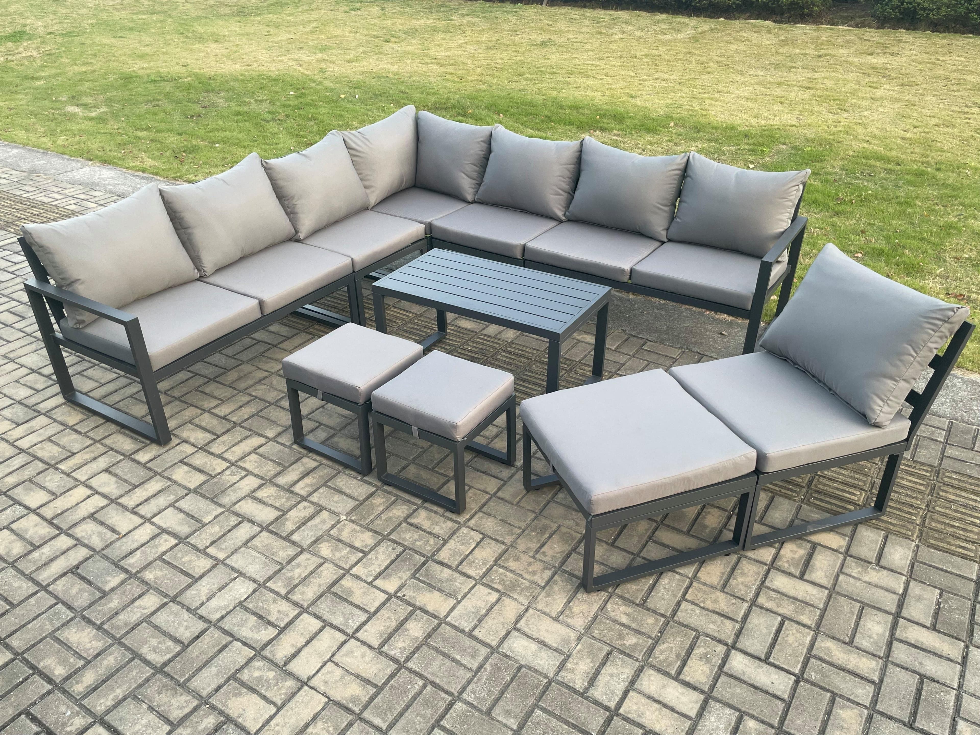 Aluminium 11 Seater Patio Outdoor Garden Furniture Lounge Corner Sofa Set Oblong Coffee Table 3 Footstools Dark Grey