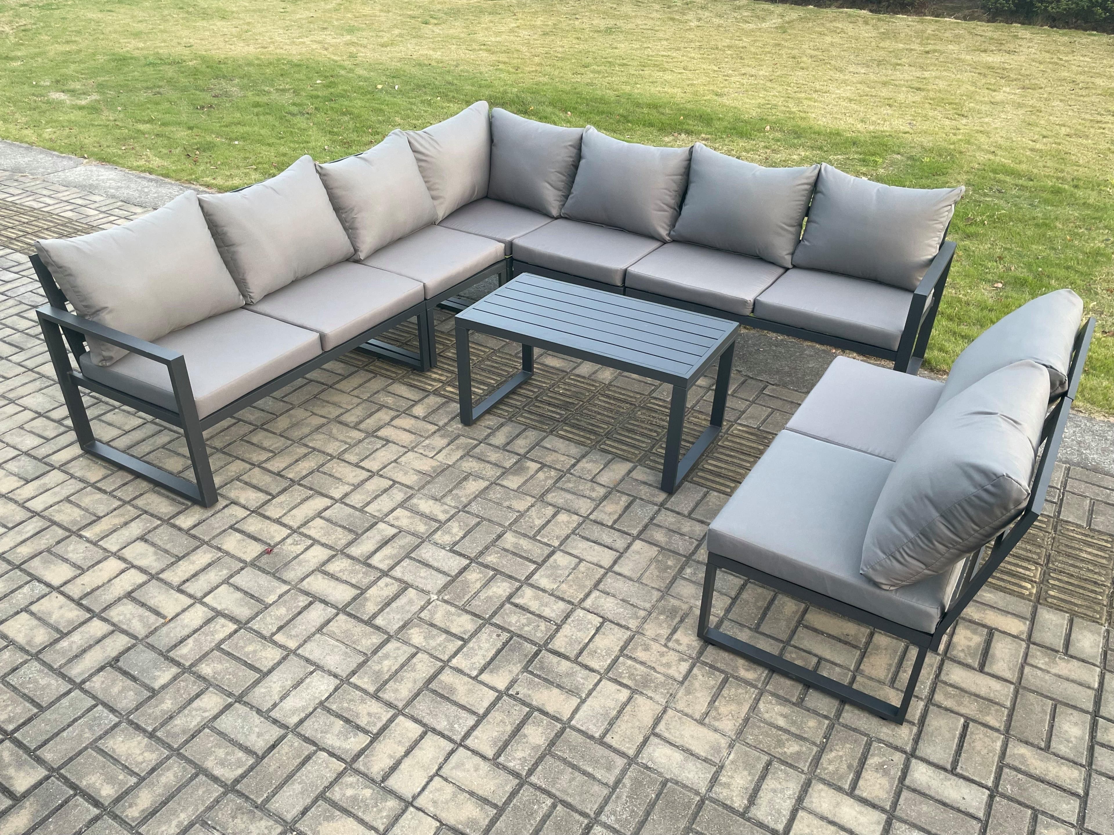 Aluminium 9 Seater Patio Outdoor Garden Furniture Lounge Corner Sofa Set Oblong Coffee Table Dark Grey