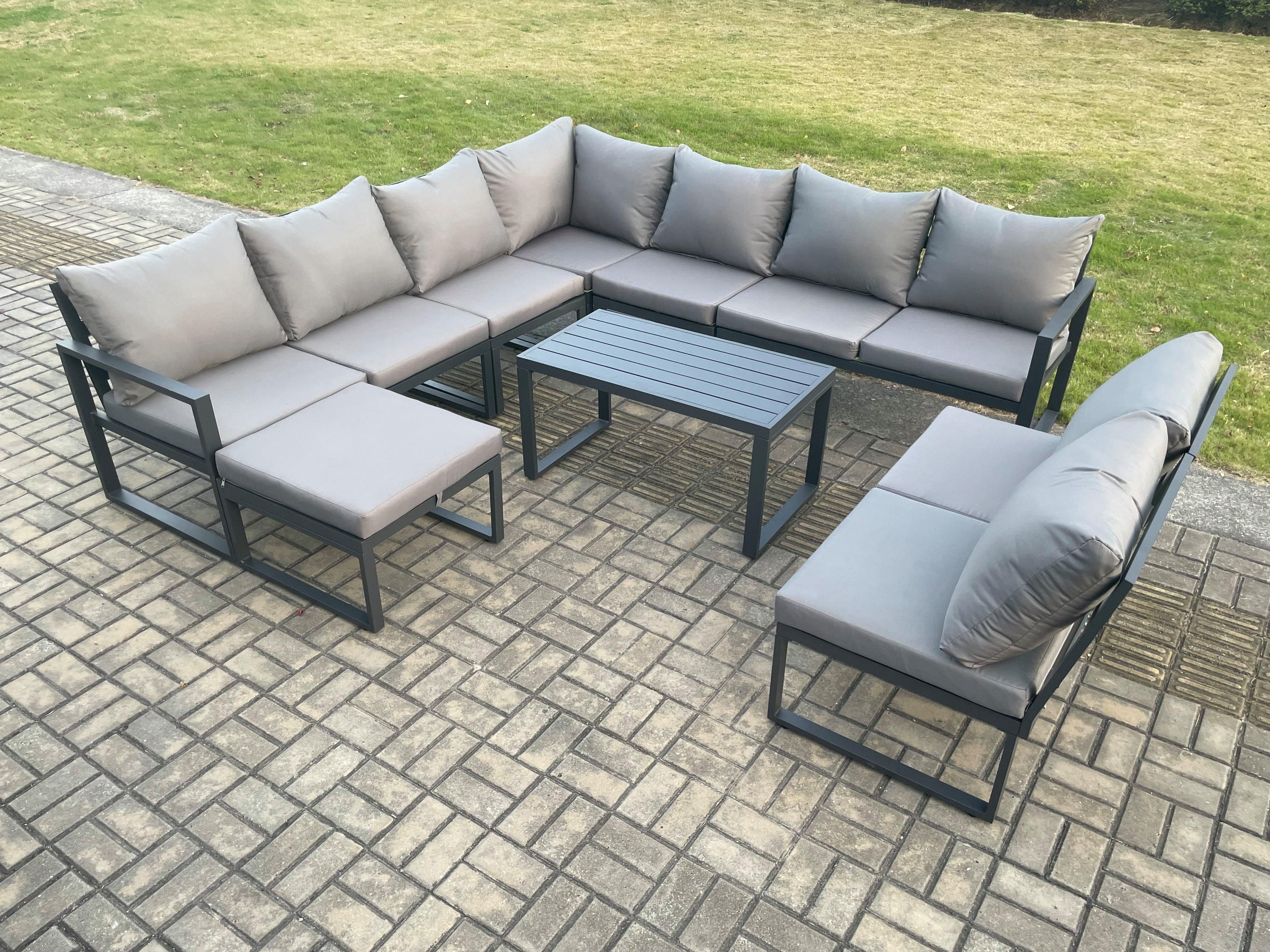 Aluminium 10 Seater Patio Outdoor Garden Furniture Lounge Corner Sofa Set Oblong Coffee Table Big Footstool Dark Grey