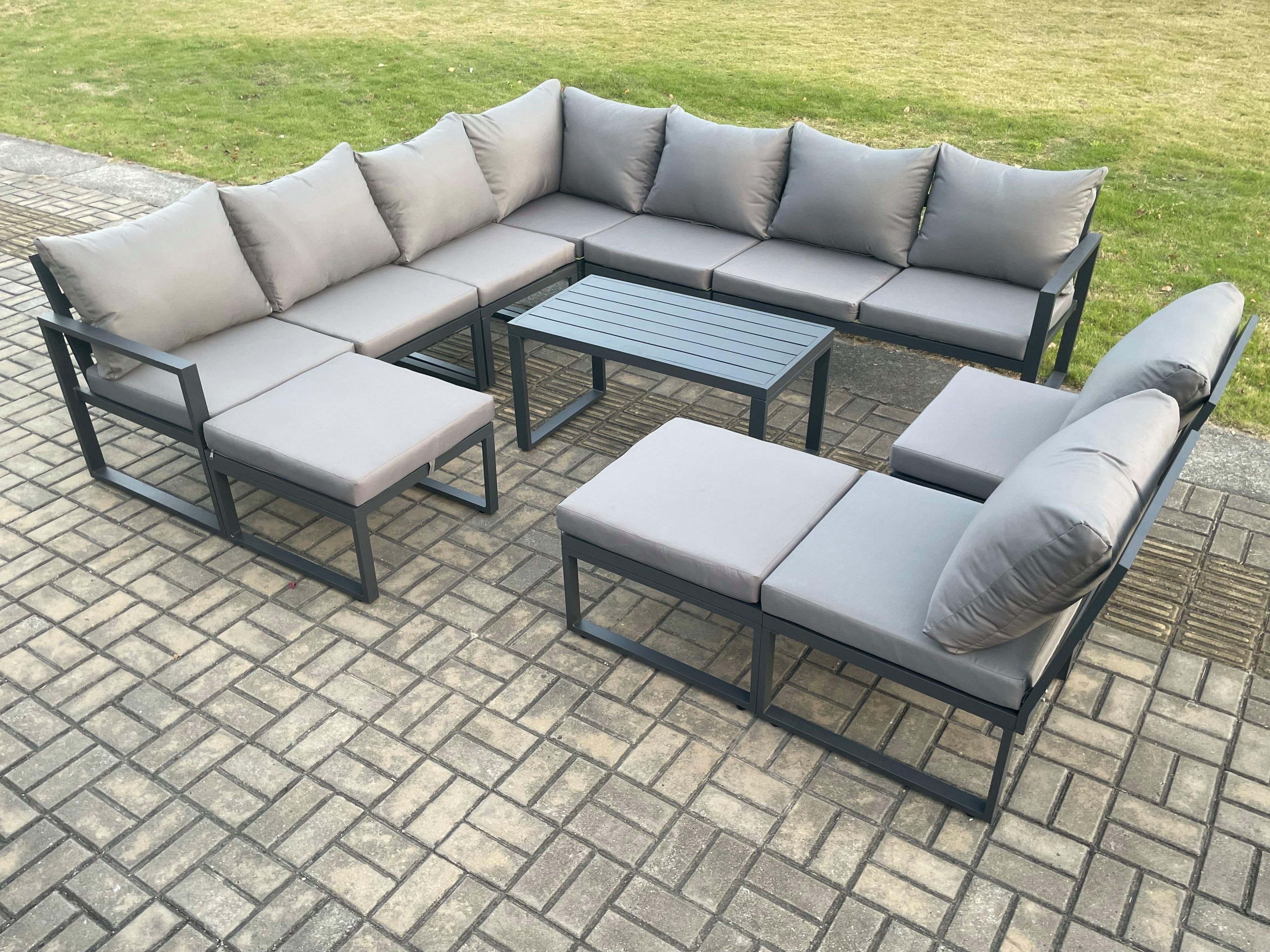 Aluminium 11 Seater Patio Outdoor Garden Furniture Lounge Corner Sofa Set Oblong Coffee Table 2 Big Footstools Dark Grey