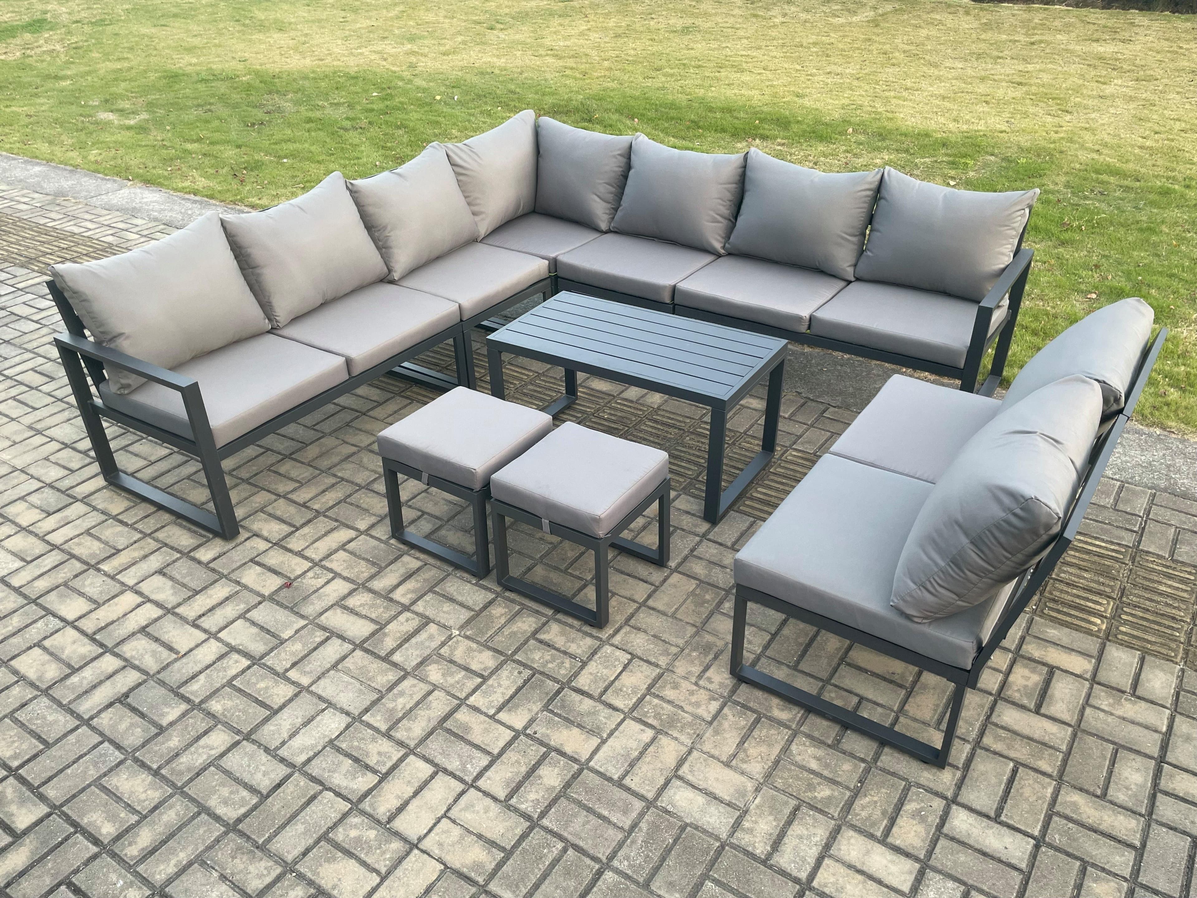 Aluminium 11 Seater Patio Outdoor Garden Furniture Lounge Corner Sofa Set Oblong Coffee Table 2 Small Footstools Dark Grey