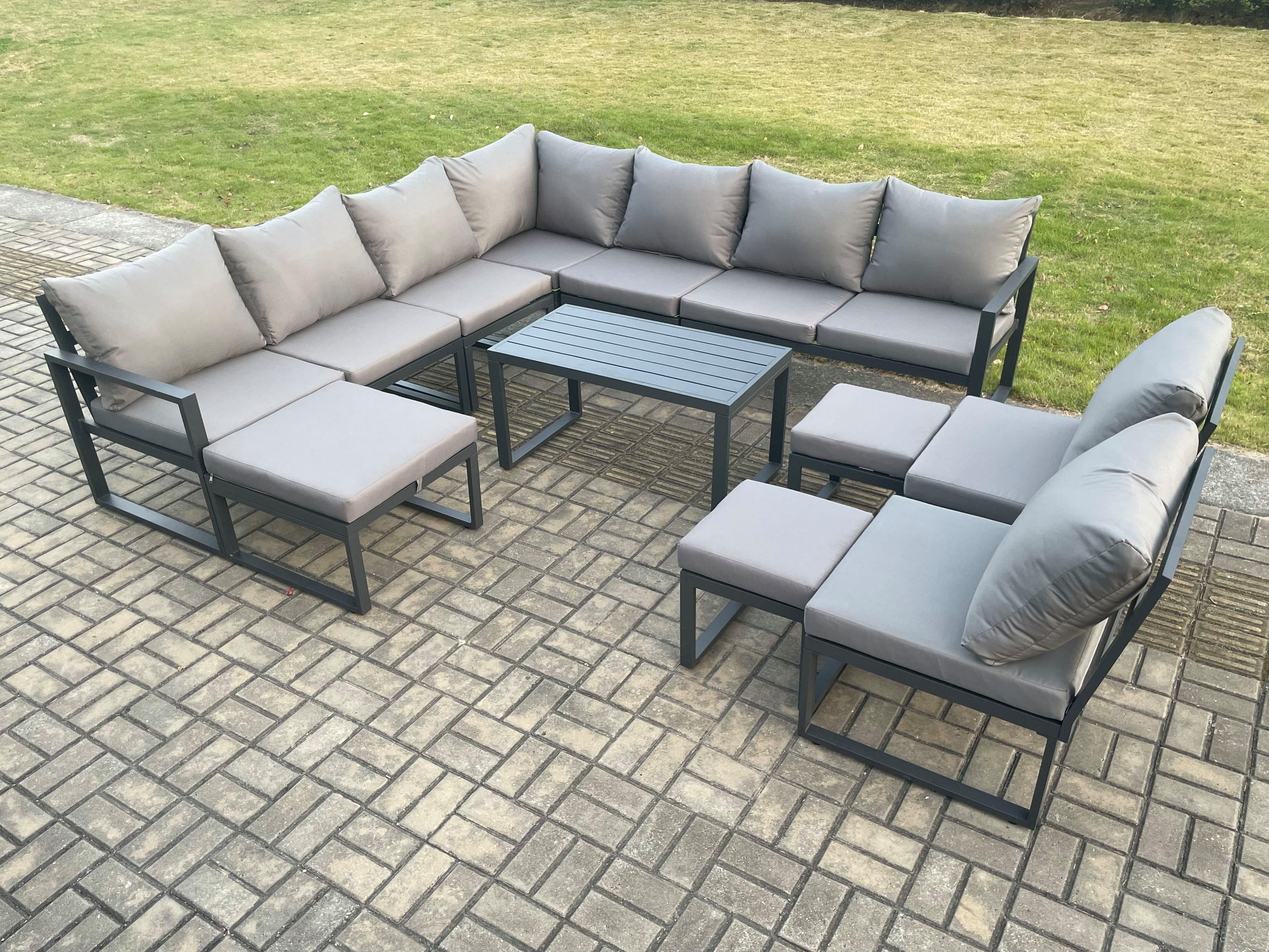 Aluminium 12 Seater Patio Outdoor Garden Furniture Lounge Corner Sofa Set Oblong Coffee Table 3 Footstools Dark Grey