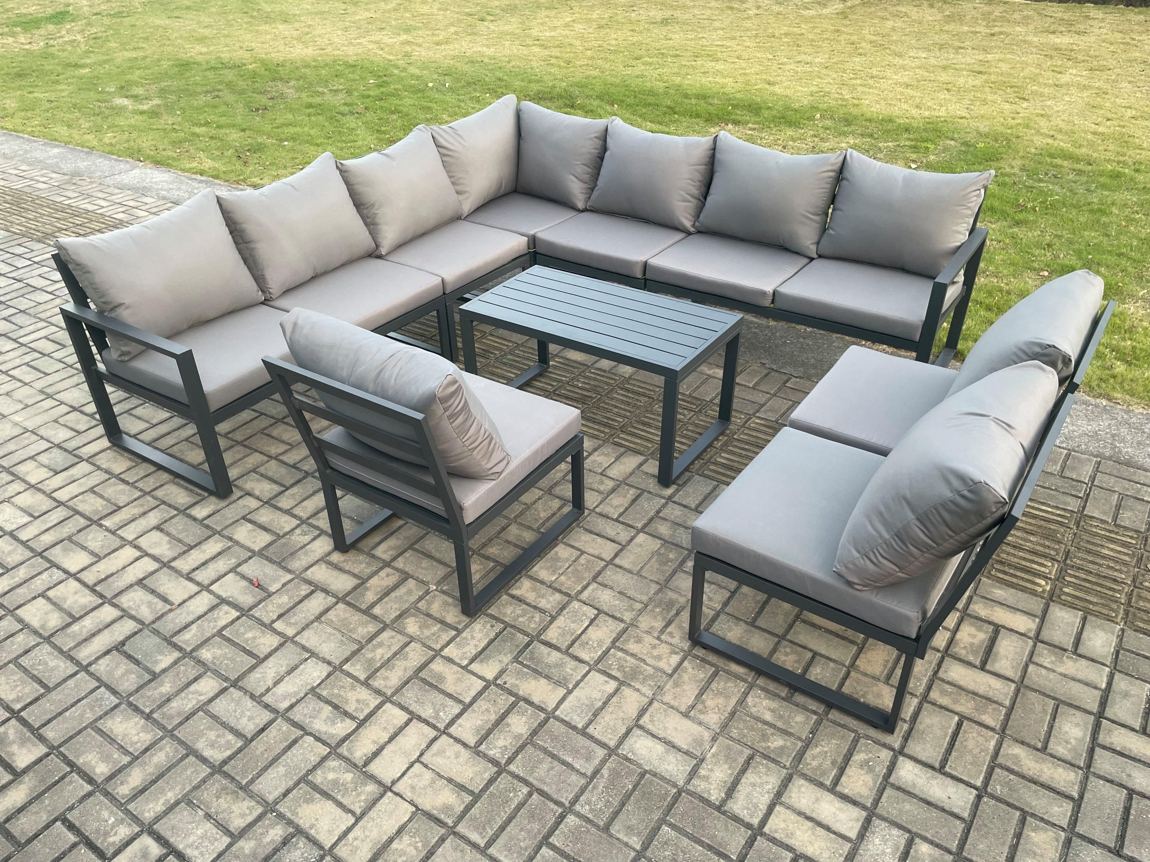 Aluminium 10 Seater Patio Outdoor Garden Furniture Lounge Corner Sofa Set Oblong Coffee Table Dark Grey